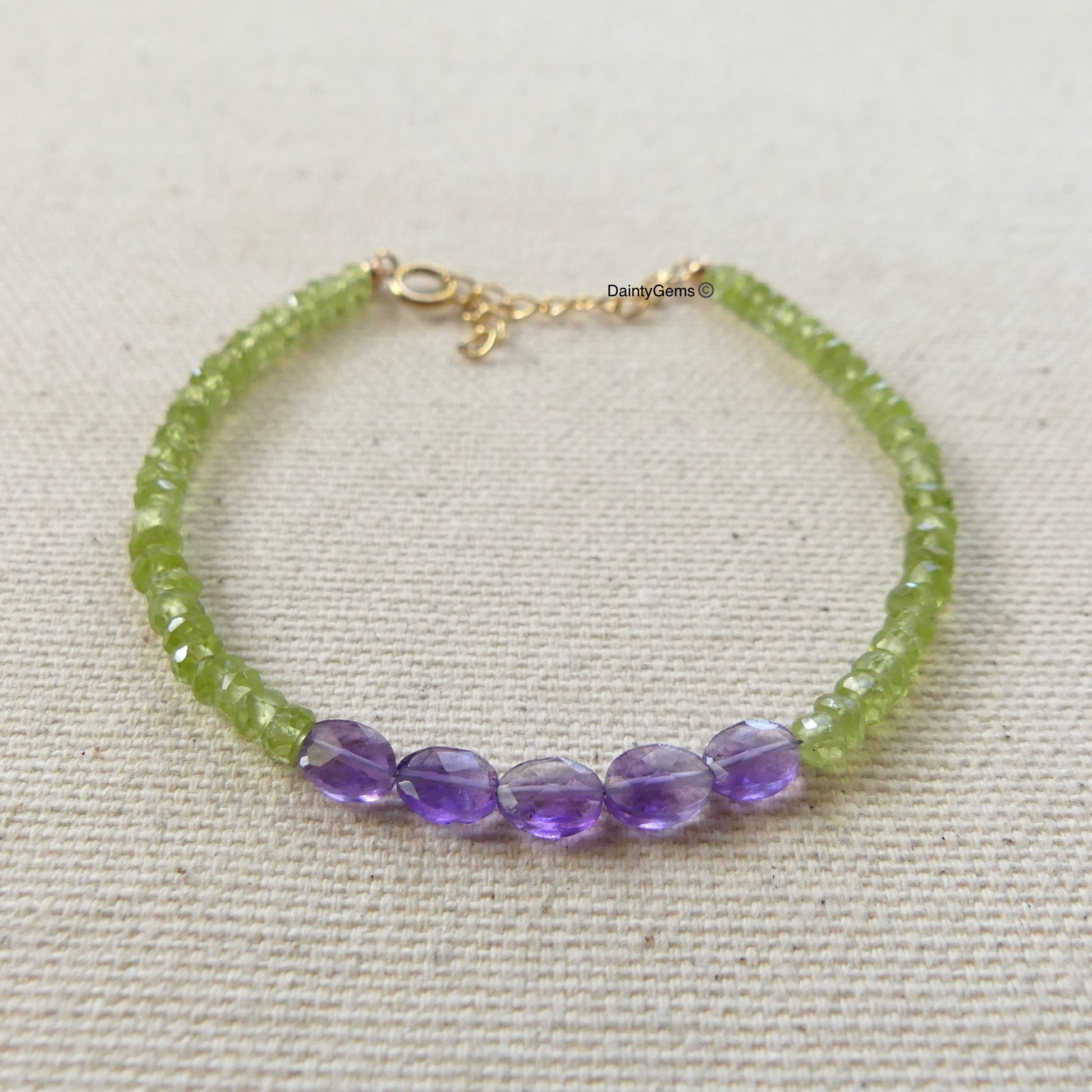 dainty peridot bracelet with amethyst delicate jewelry August birthstone February meaningful gift unique and handmade