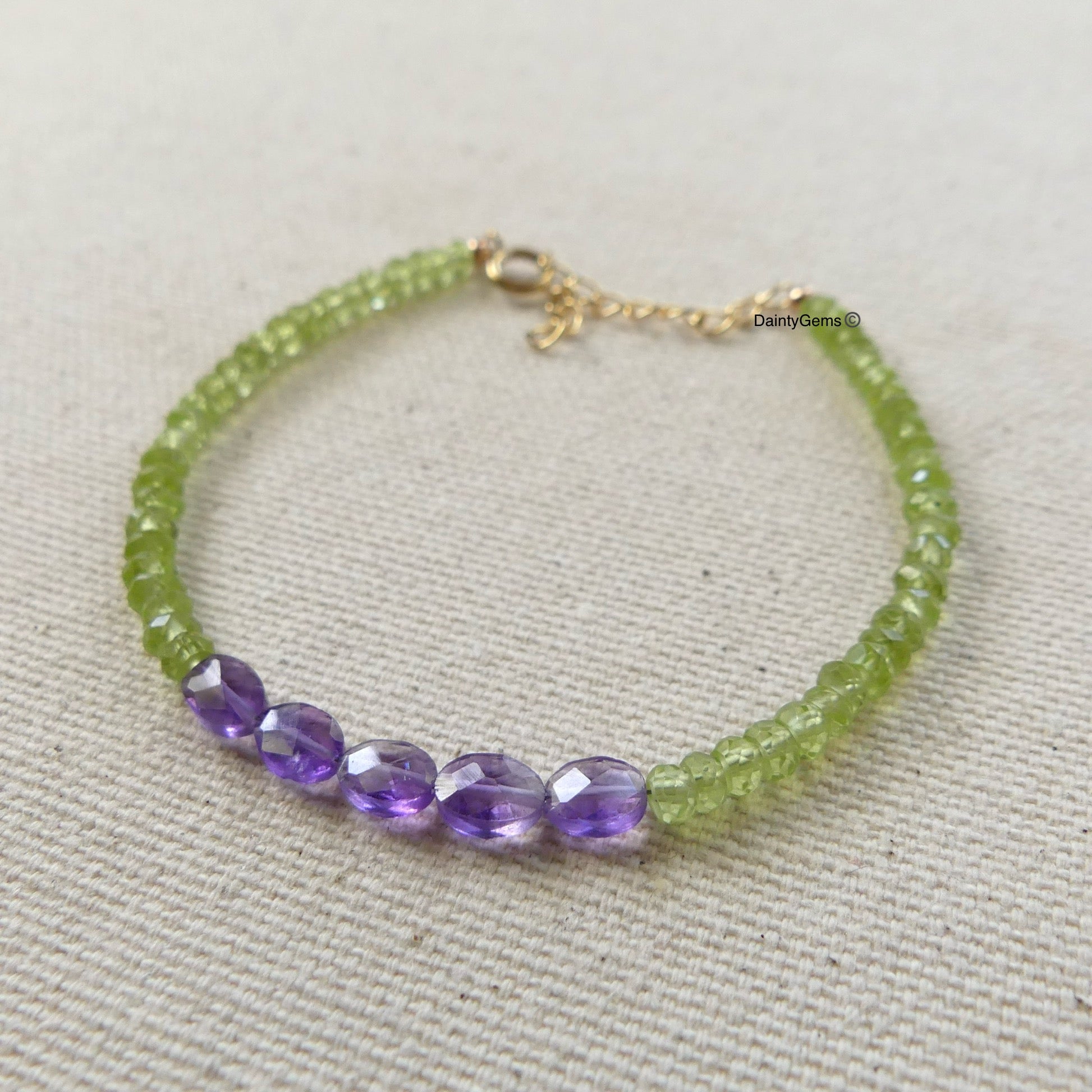 dainty peridot bracelet with amethyst delicate jewelry August birthstone February meaningful gift unique and handmade