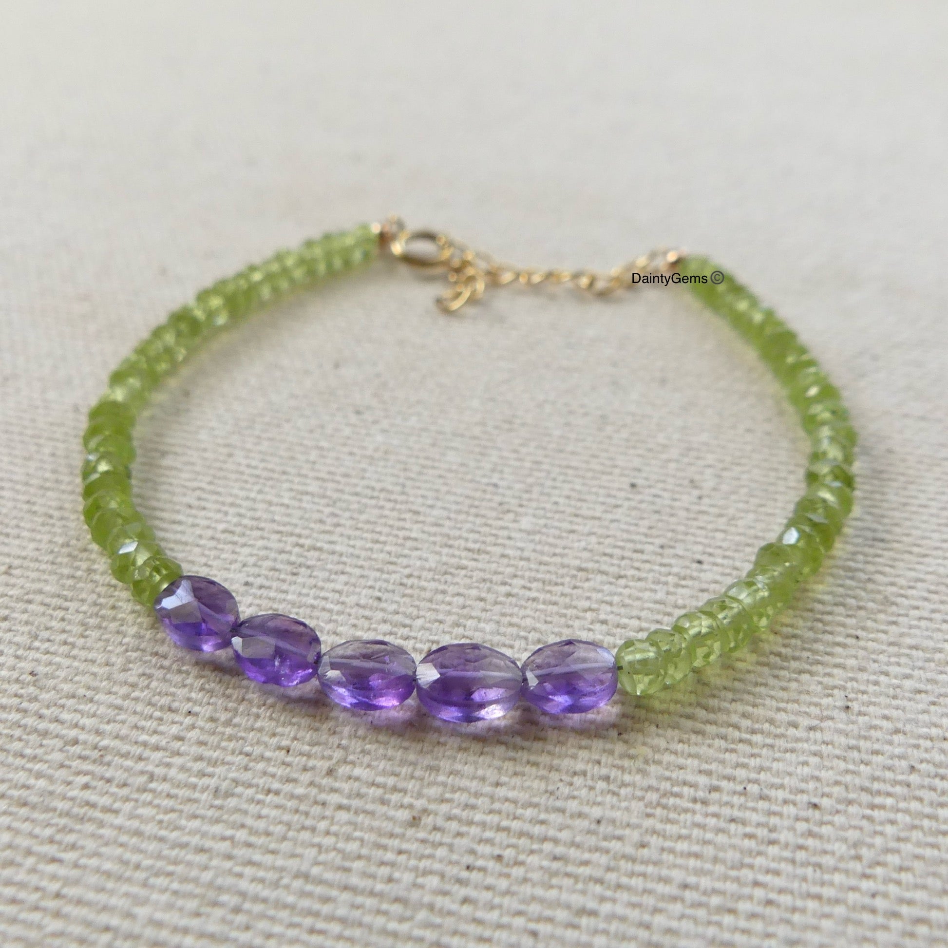 dainty peridot bracelet with amethyst delicate jewelry August birthstone February meaningful gift unique and handmade