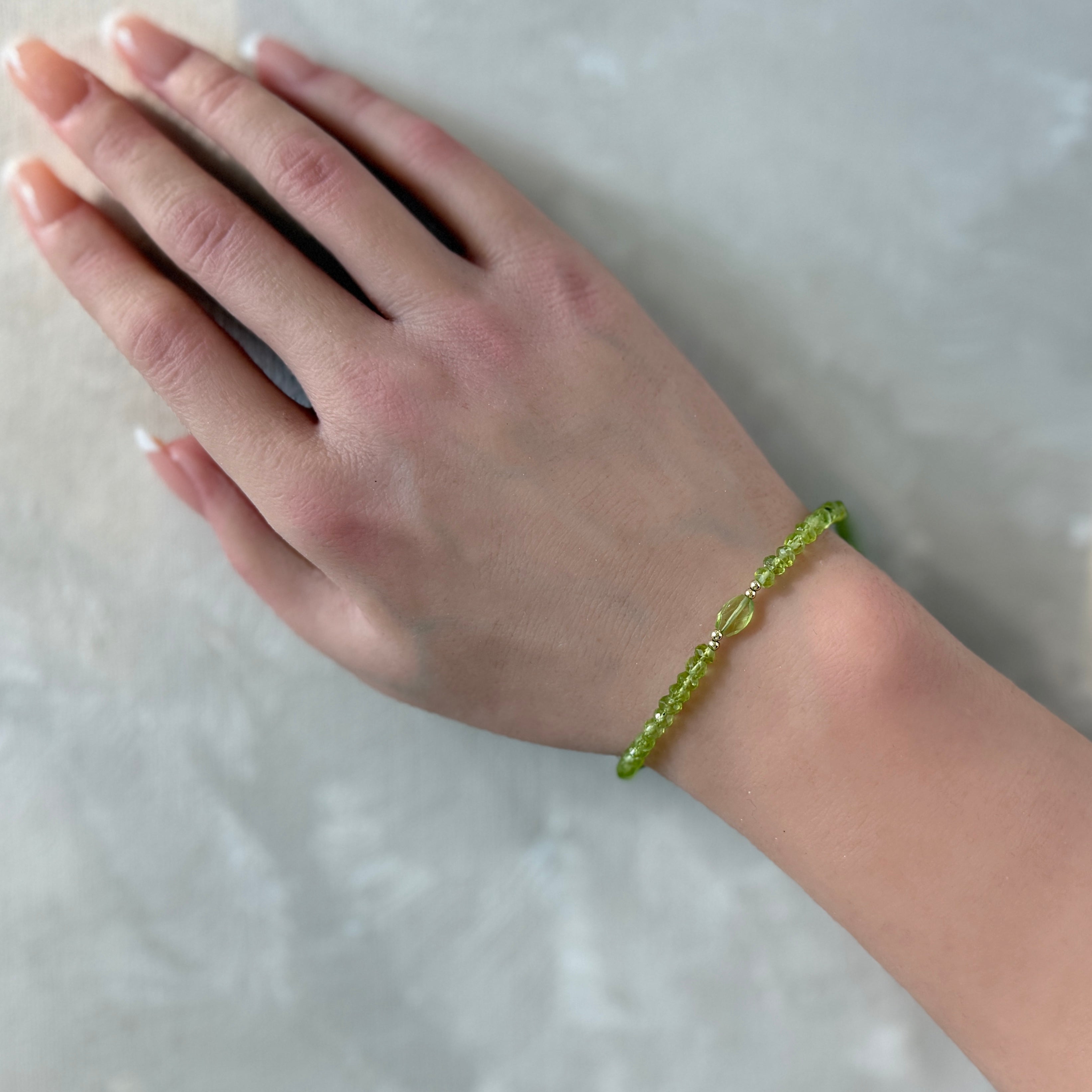 delicate peridot beaded bracelet with peridot gem August birthstone jewelry gift