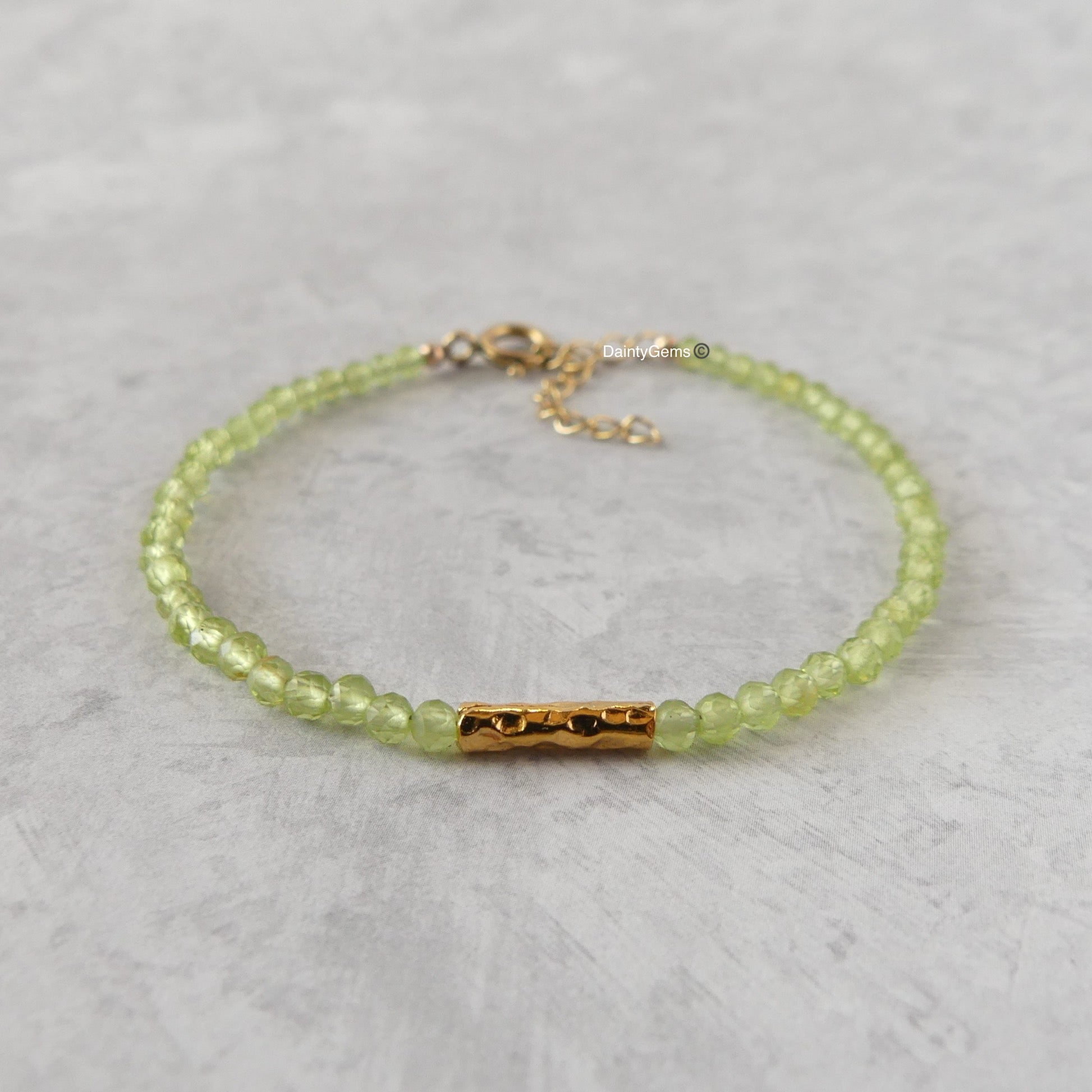 dainty peridot bar bracelet gold vermeil or sterling silver August birthstone jewelry gift