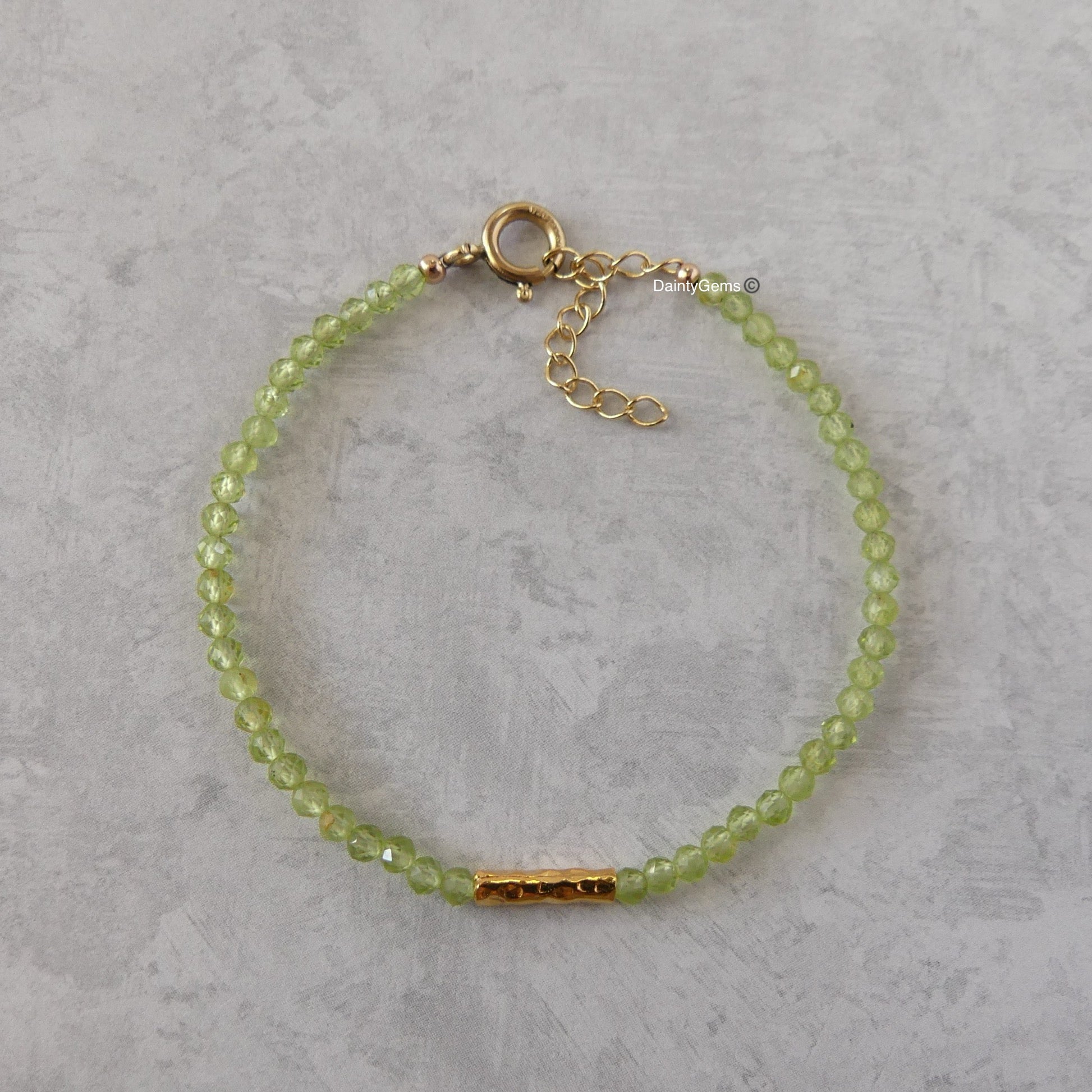 dainty peridot bar bracelet gold vermeil or sterling silver August birthstone jewelry gift