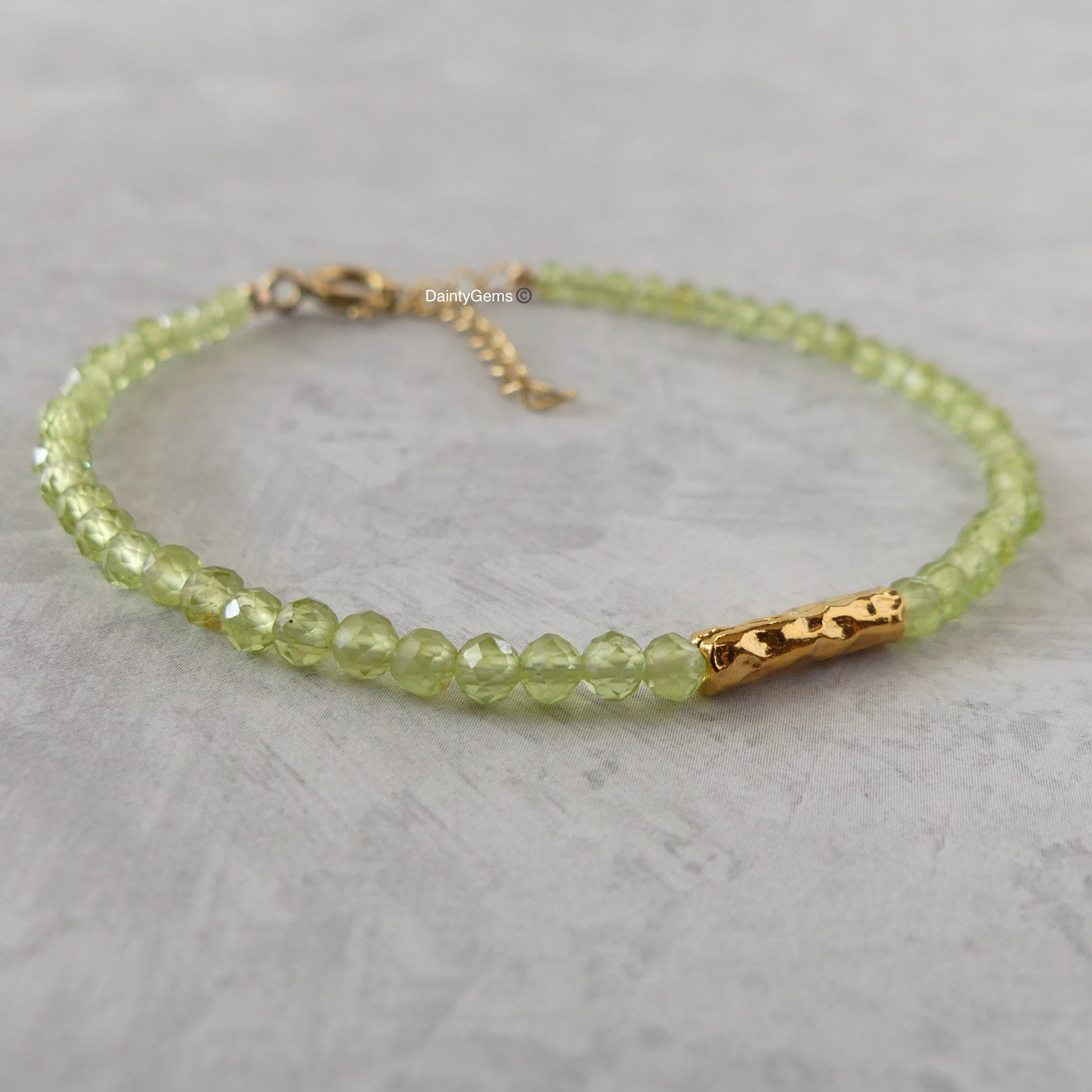 dainty peridot bar bracelet gold vermeil or sterling silver August birthstone jewelry gift