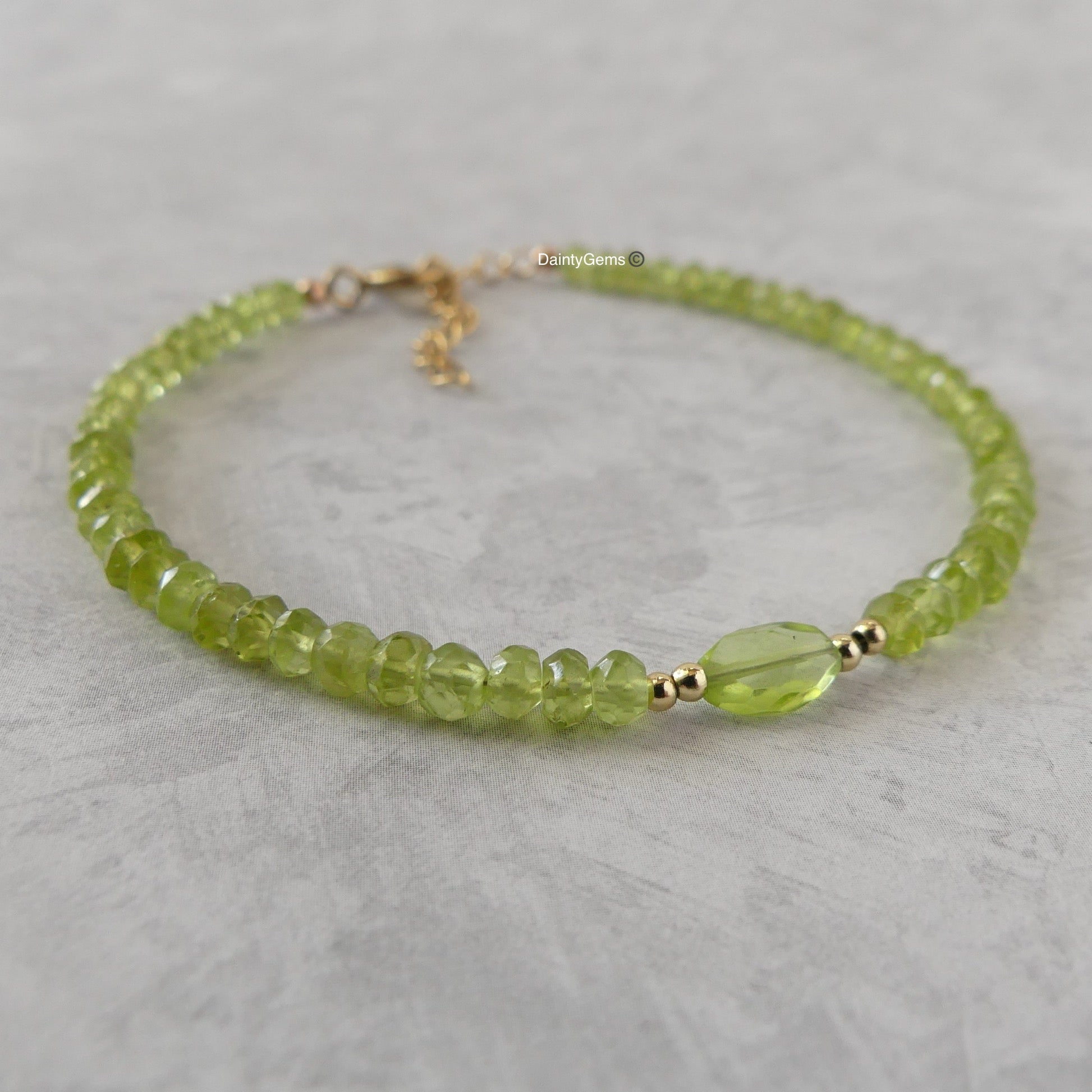 delicate peridot beaded bracelet with peridot gem August birthstone jewelry gift