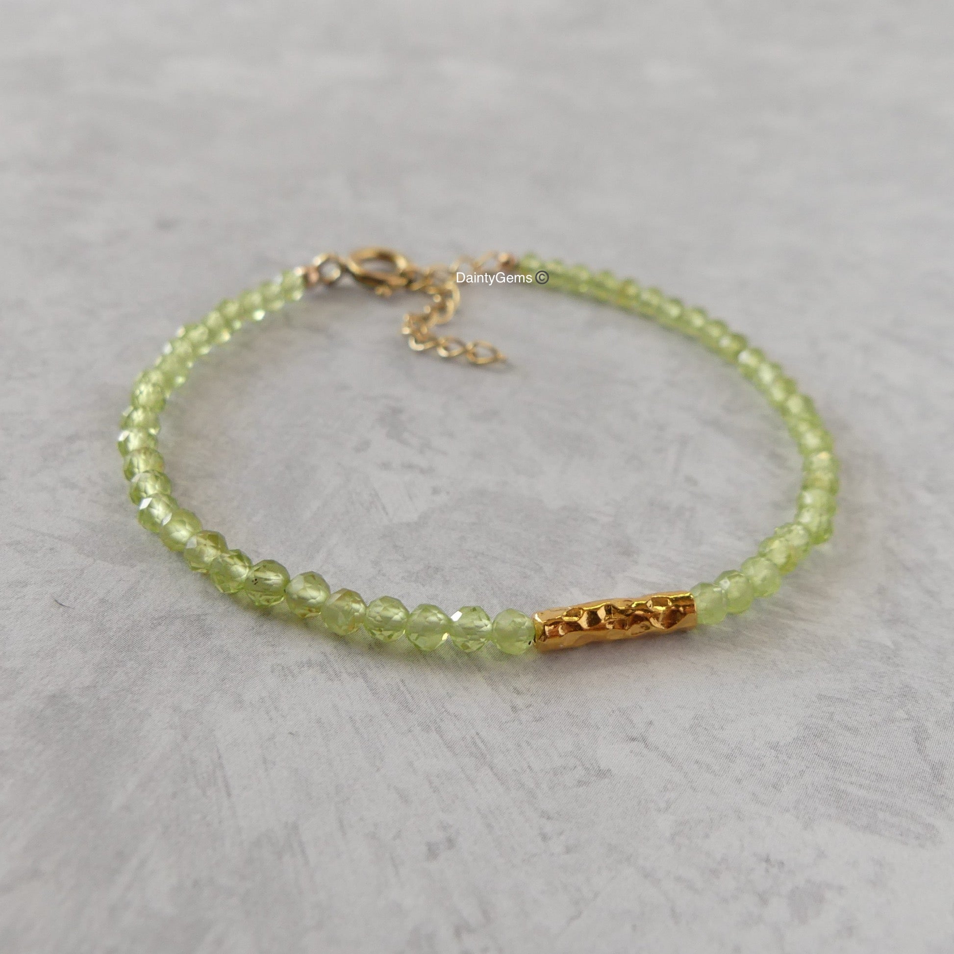 dainty peridot bar bracelet gold vermeil or sterling silver August birthstone jewelry gift