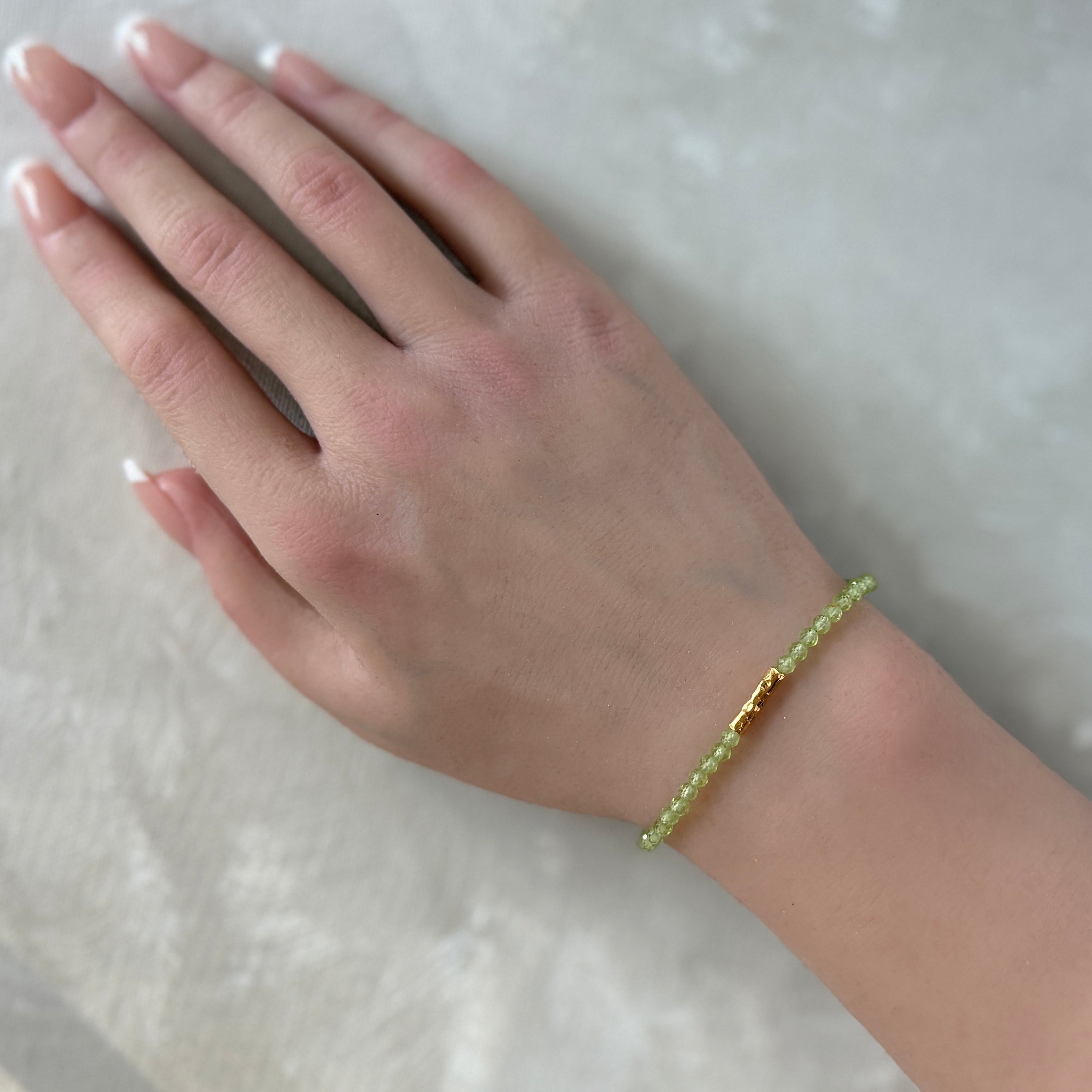 dainty peridot bar bracelet gold vermeil or sterling silver August birthstone jewelry gift