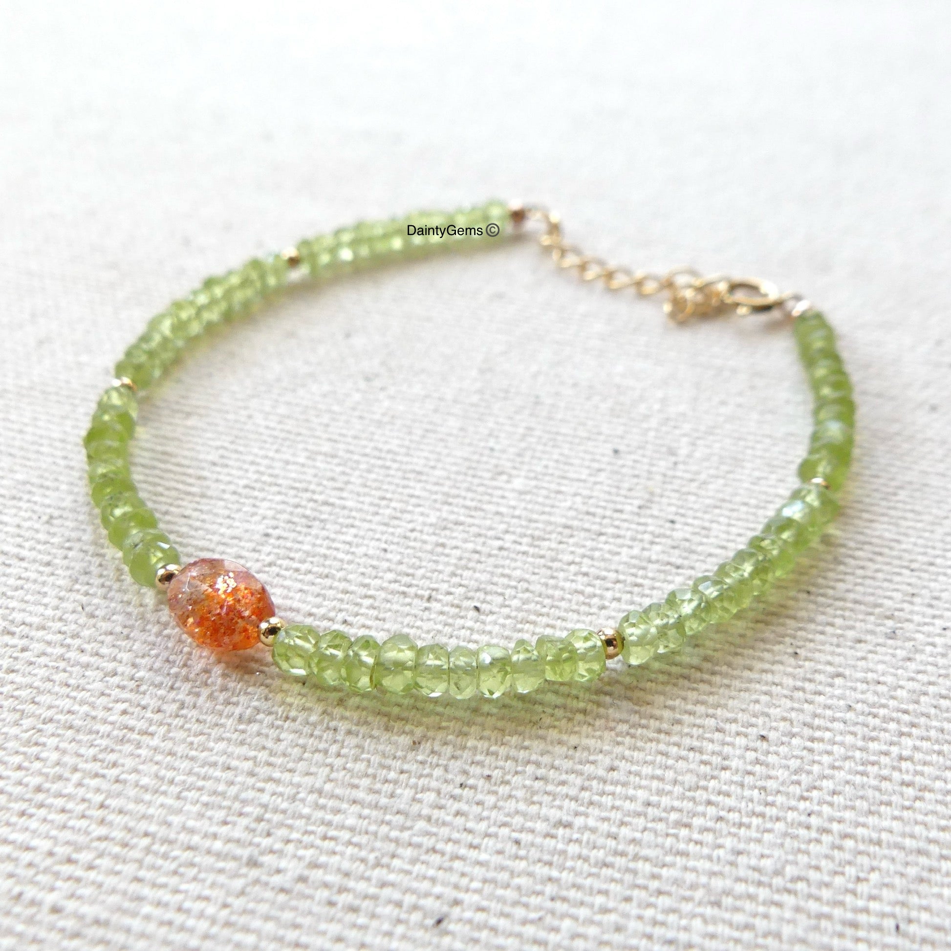 delicate peridot and sunstone beaded bracelet August birthstone jewelry good luck gift meaningful unique handmade small business