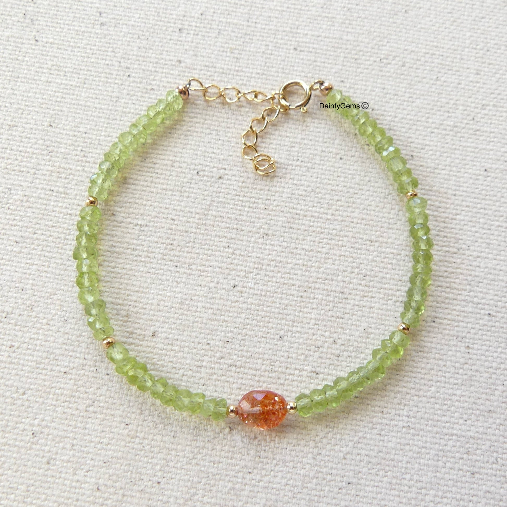 delicate peridot and sunstone beaded bracelet August birthstone jewelry good luck gift meaningful unique handmade small business