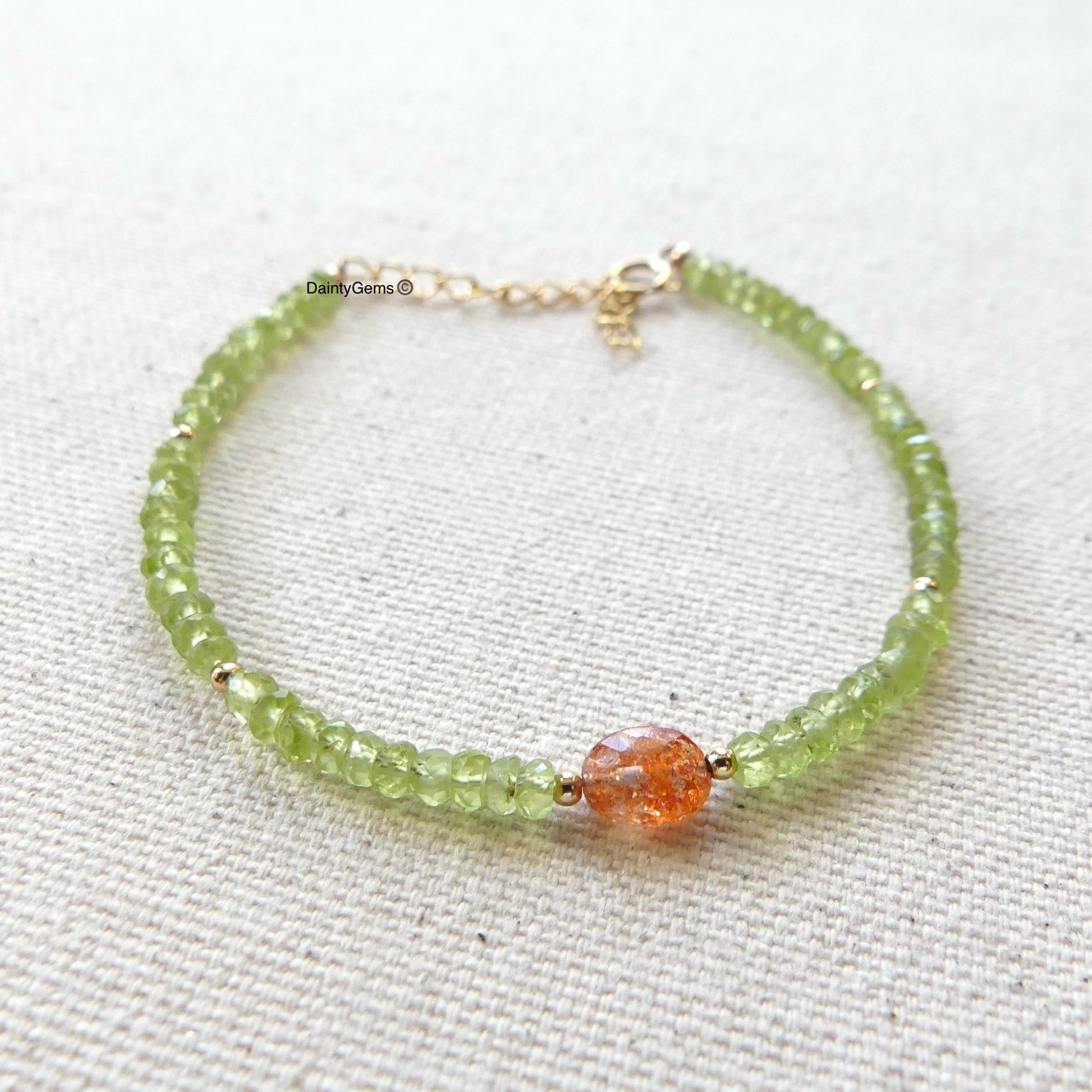 delicate peridot and sunstone beaded bracelet August birthstone jewelry good luck gift meaningful unique handmade small business