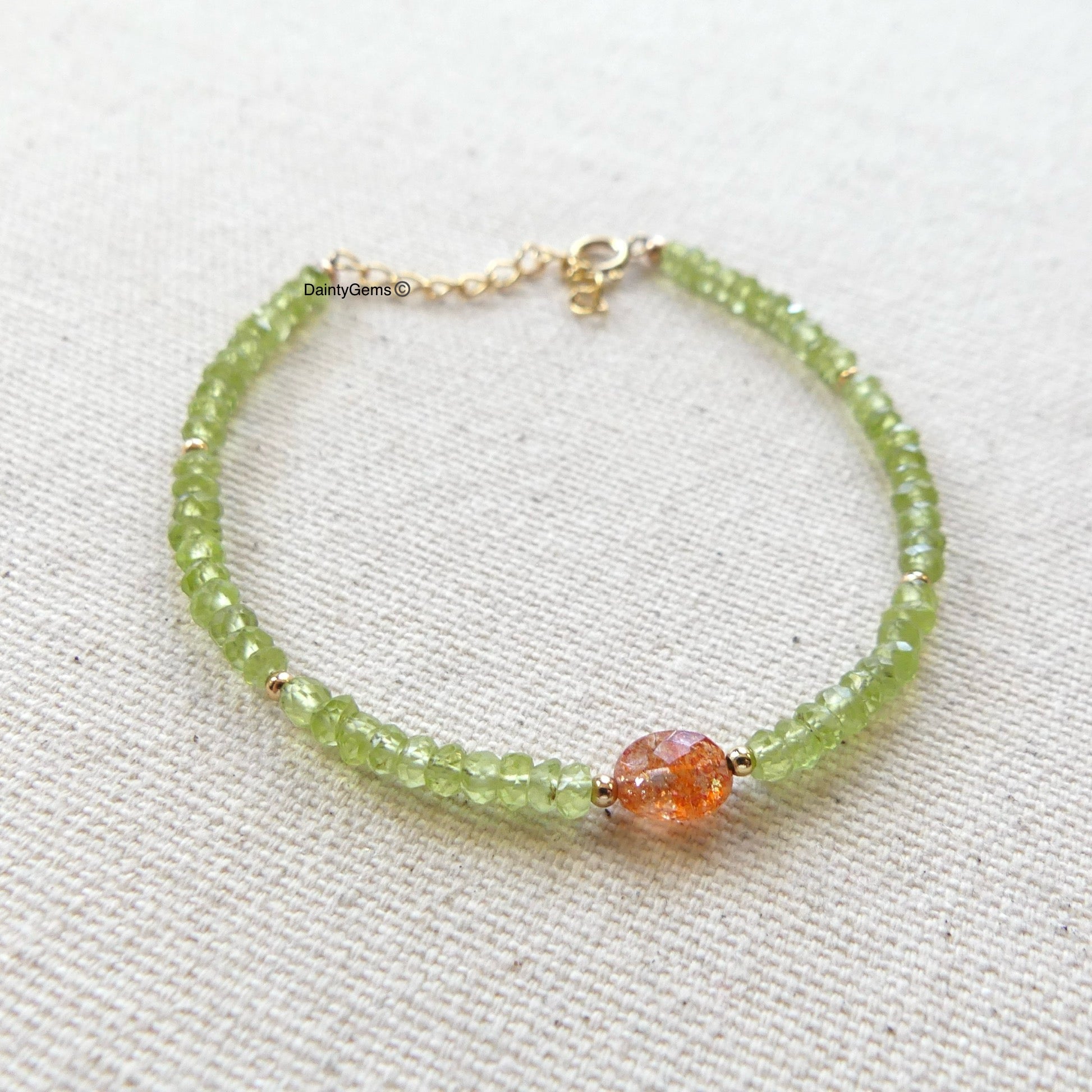 delicate peridot and sunstone beaded bracelet August birthstone jewelry good luck gift meaningful unique handmade small business