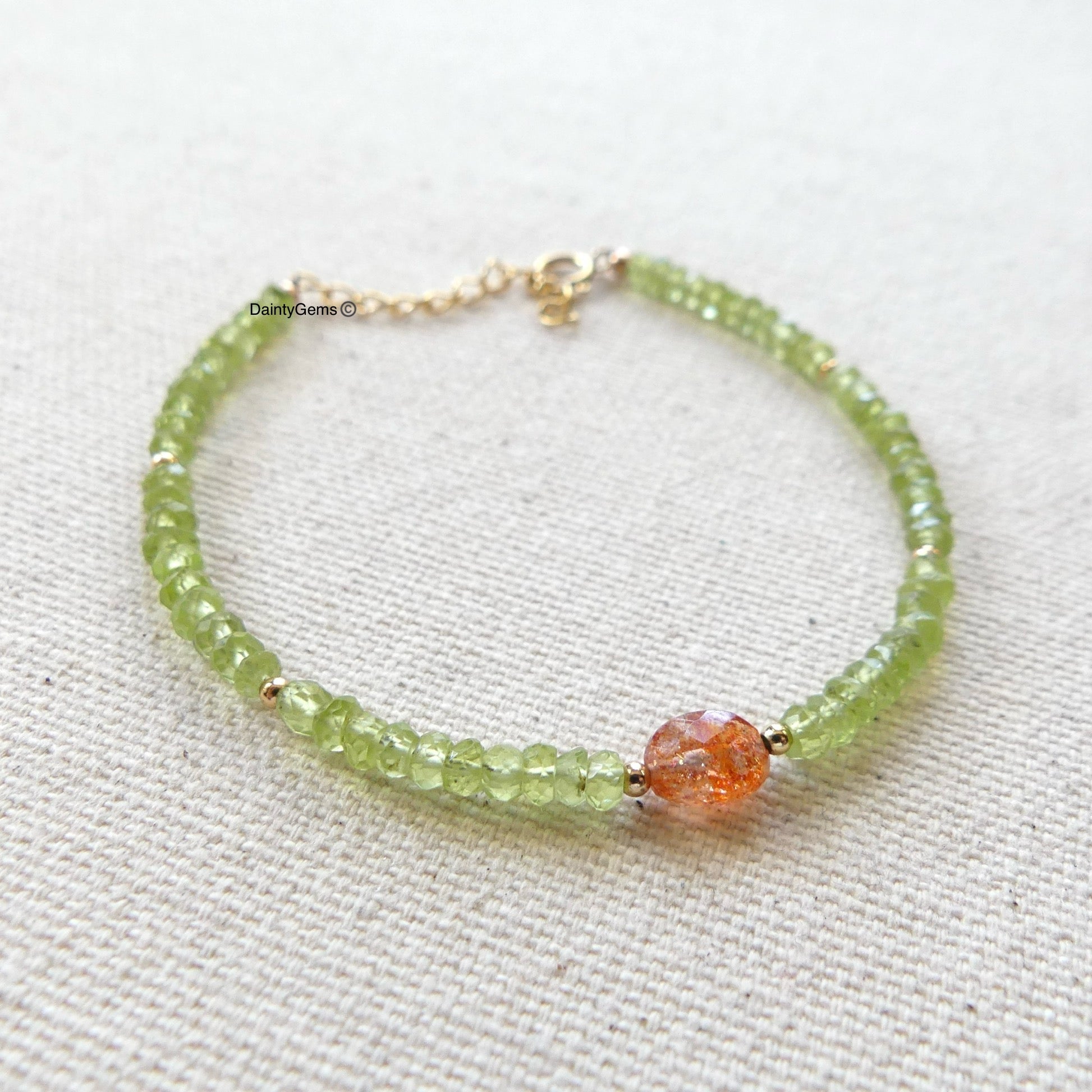 delicate peridot and sunstone beaded bracelet August birthstone jewelry good luck gift meaningful unique handmade small business