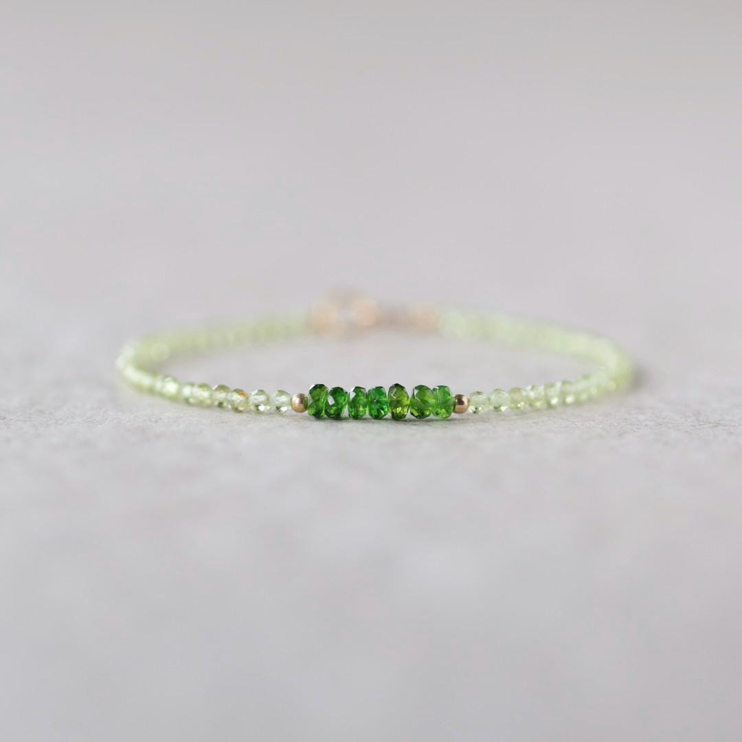Tiny Peridot Bracelet Dainty Chrome Diopside Gemstone Beaded Bracelet Green Crystal Minimalist Jewelry August Birthstone Birthday Gift Mom