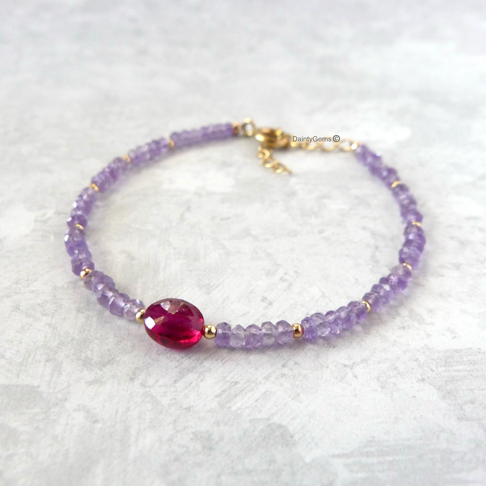 dainty and delicate pink amethyst and rub beaded bracelet July birthstone February jewelry meaningful gift unique and handmade