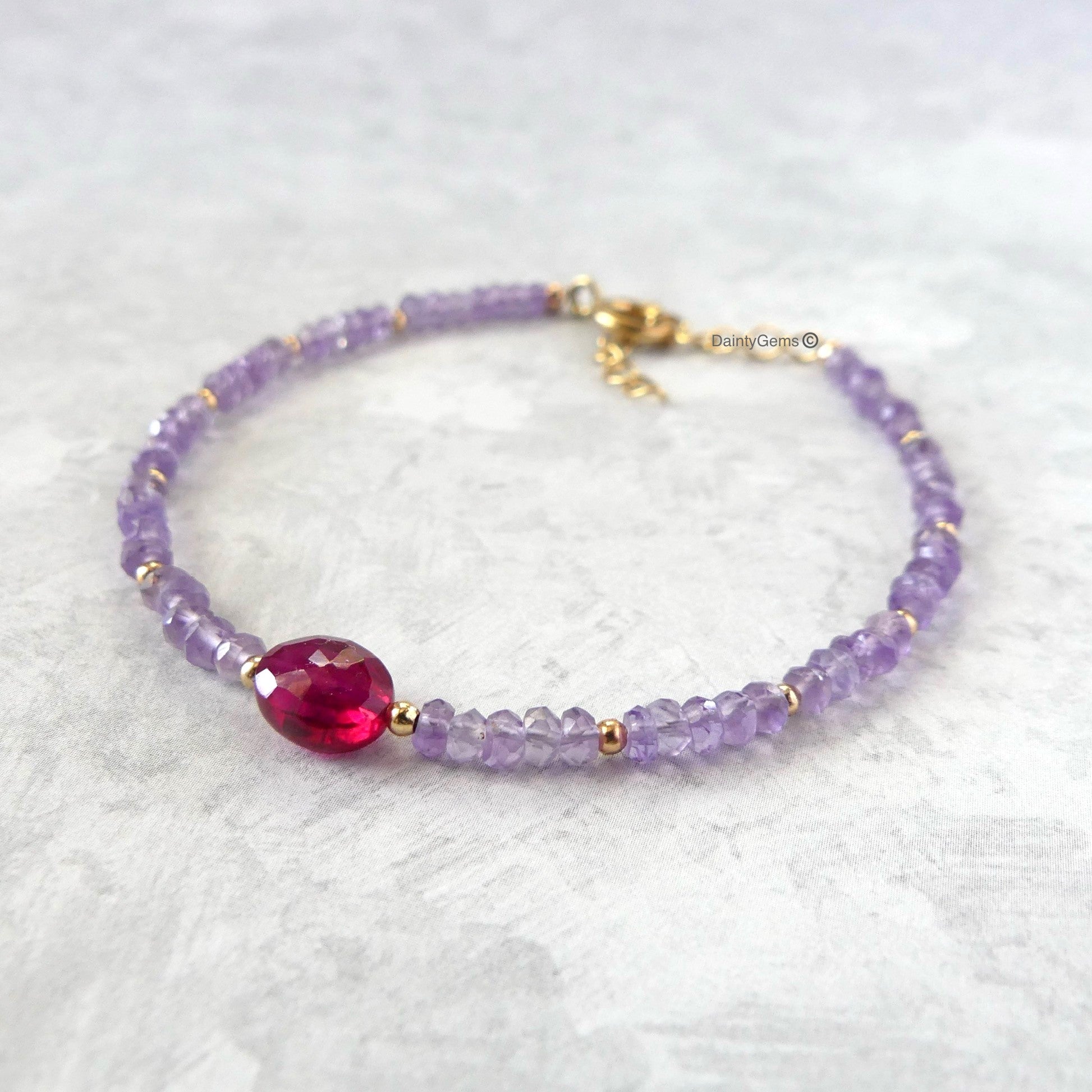 dainty and delicate pink amethyst and rub beaded bracelet July birthstone February jewelry meaningful gift unique and handmade