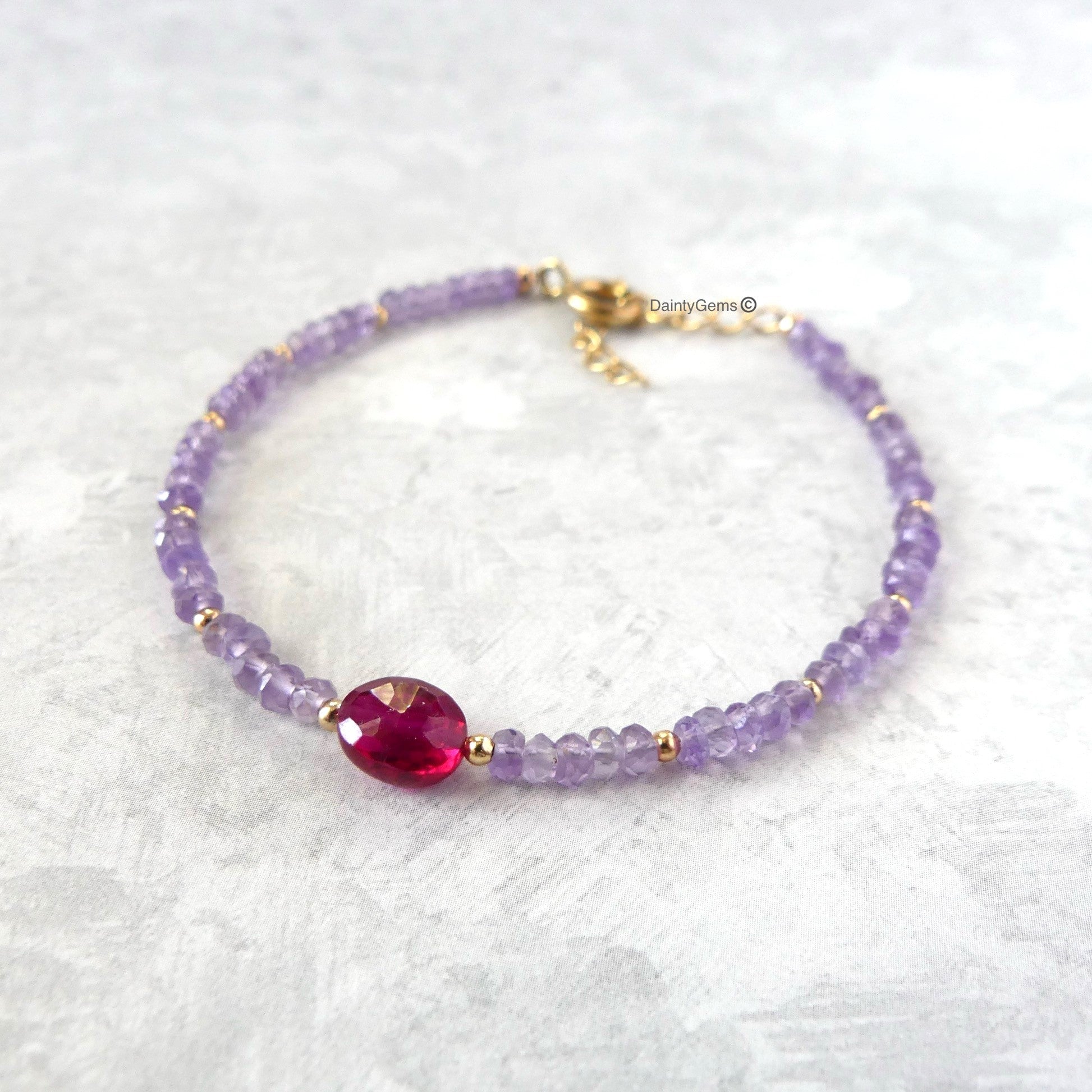 dainty and delicate pink amethyst and rub beaded bracelet July birthstone February jewelry meaningful gift unique and handmade