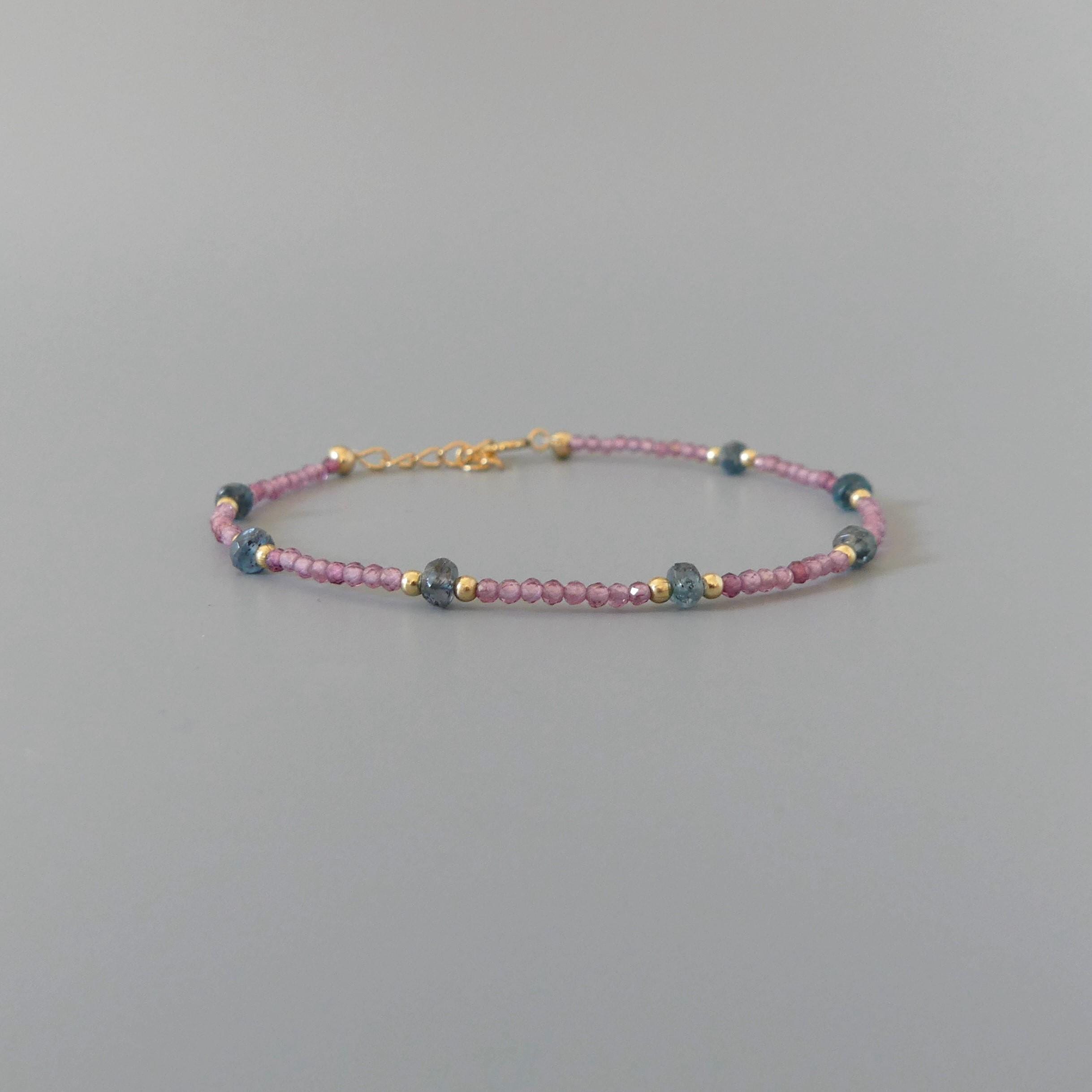 Tiny Teal Kyanite Bracelet Dainty Pink Garnet Gold Filled Beaded Bracelet Minimalist Jewelry Everyday Thin Bracelet Birthday Gift for Women