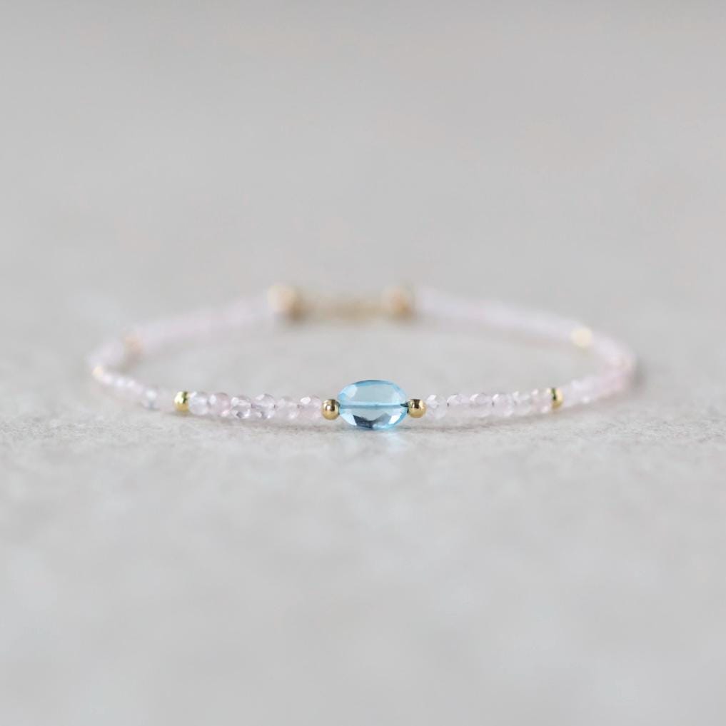 Tiny Pink Morganite Bracelet Dainty Swiss Blue Topaz Gemstone Beaded Jewelry Minimalist Crystal Bracelet Birthday Gift For Women Daughter