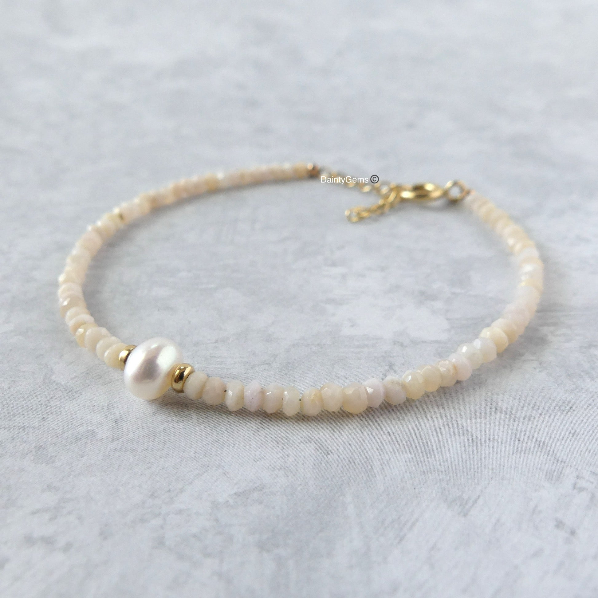 dainty peruvian pink opal and pearl bracelet October birthstone meaningful jewelry gift unique handcrafted