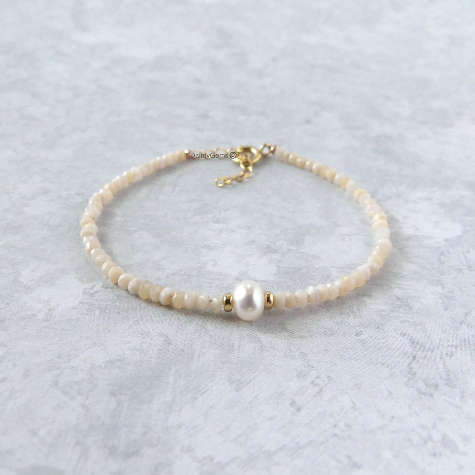 dainty peruvian pink opal and pearl bracelet October birthstone meaningful jewelry gift unique handcrafted