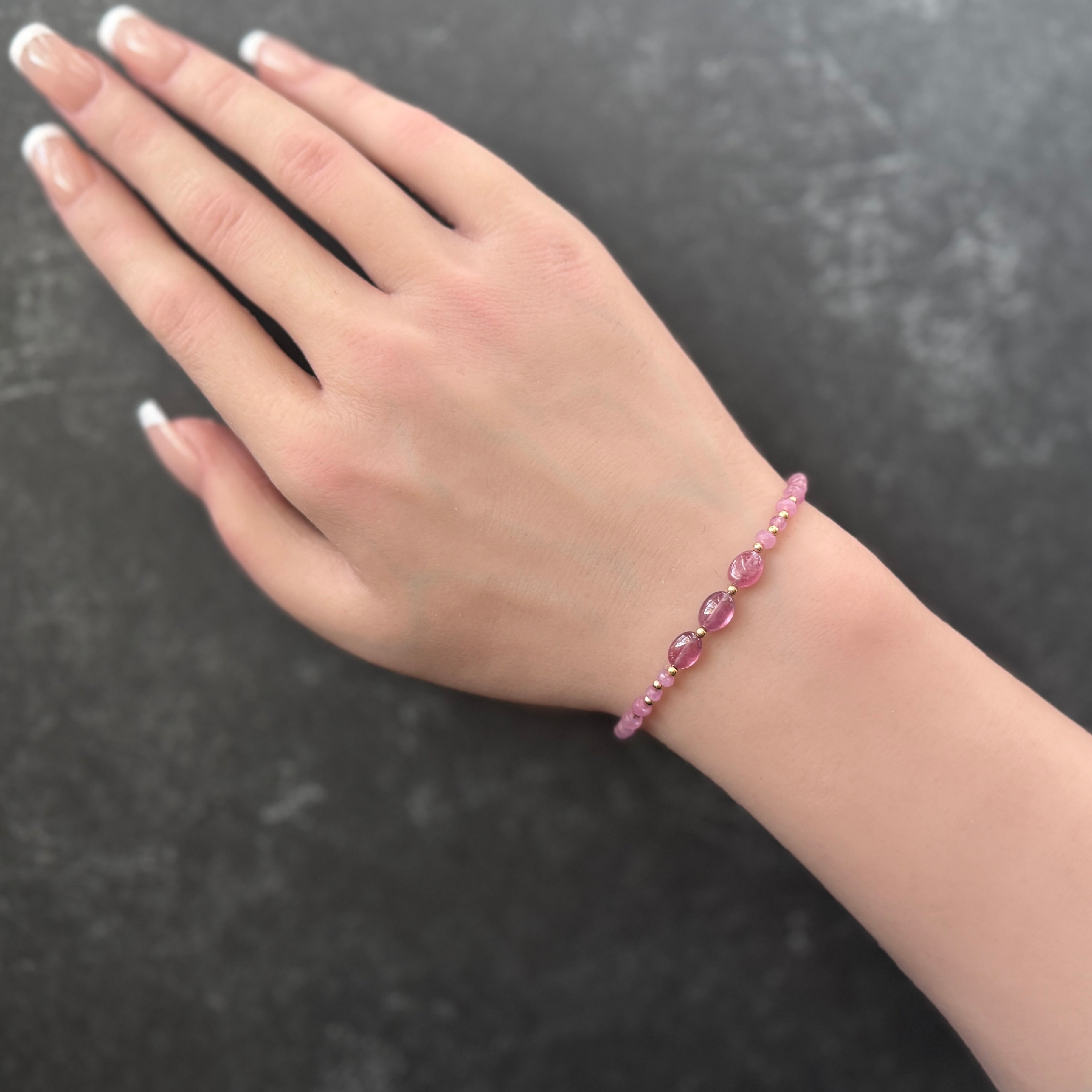 dainty pink sapphire beaded bracelet delicate September birthstone jewelry meaningful gift unique handmade homemade