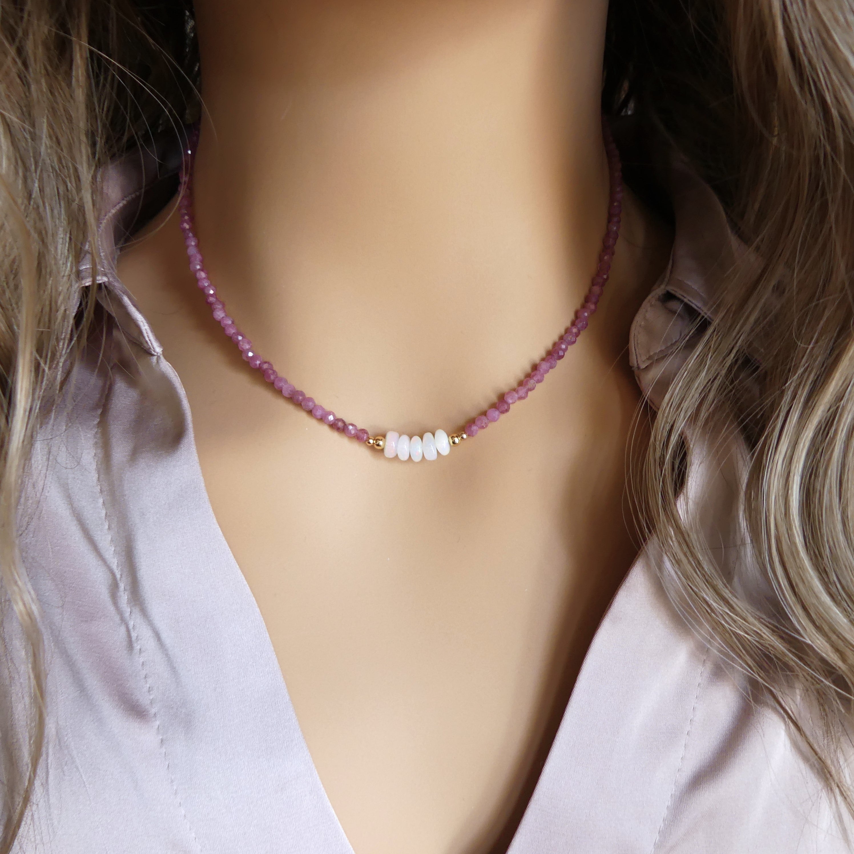 dainty pink tourmaline beaded necklace with Ethiopian opal October birthstone jewelry meaningful gift unique handmade