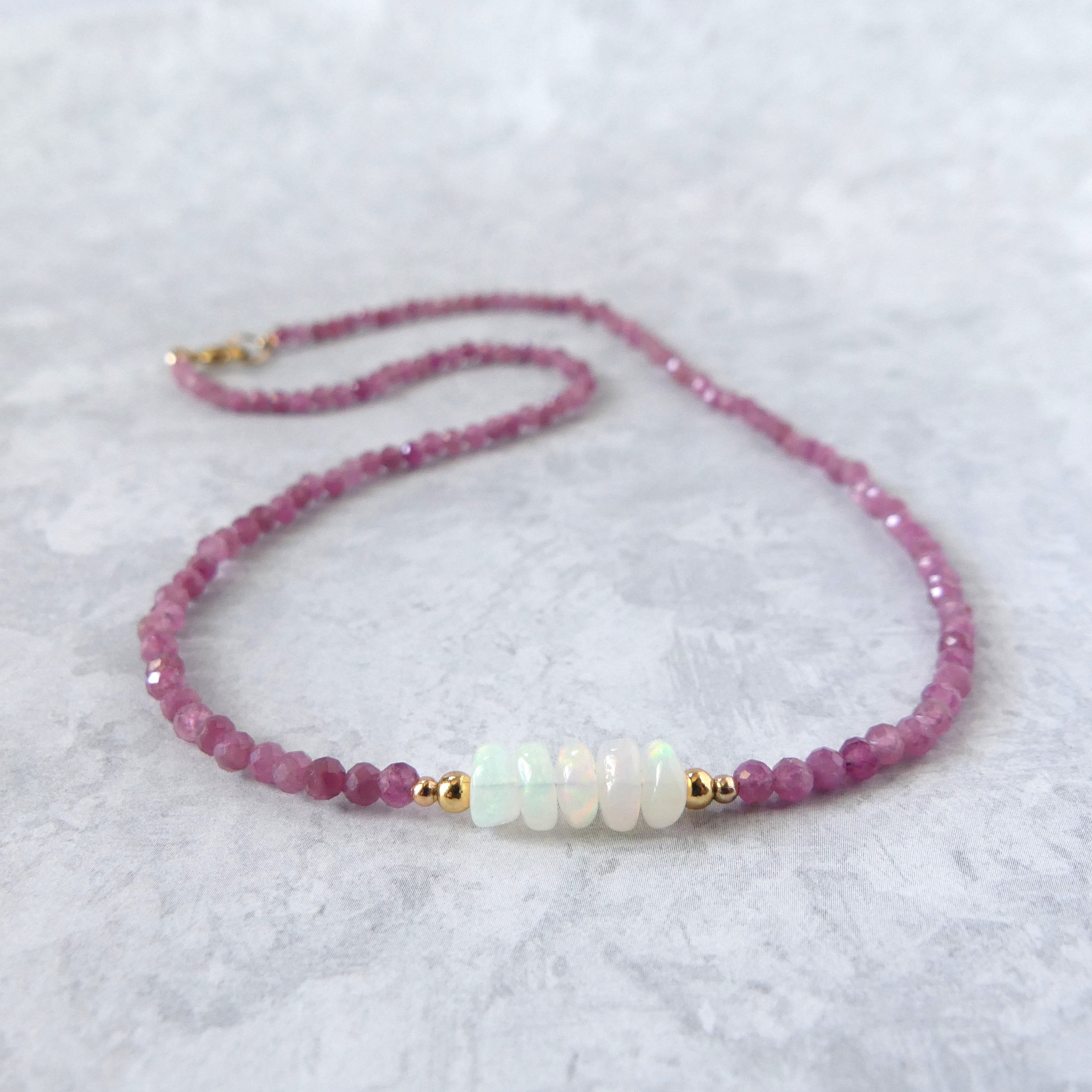 dainty pink tourmaline beaded necklace with Ethiopian opal October birthstone jewelry meaningful gift unique handmade