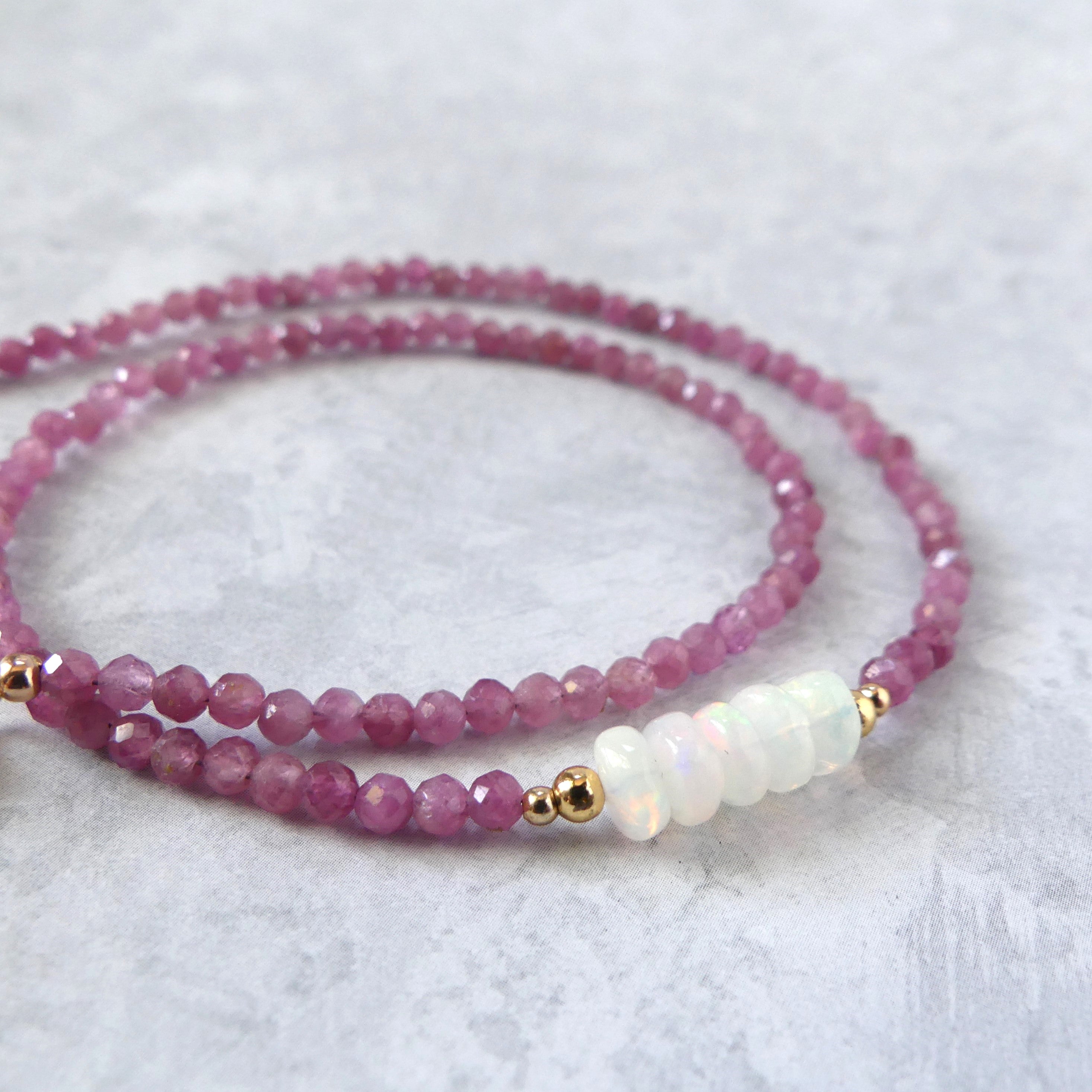 dainty pink tourmaline beaded necklace with Ethiopian opal October birthstone jewelry meaningful gift unique handmade