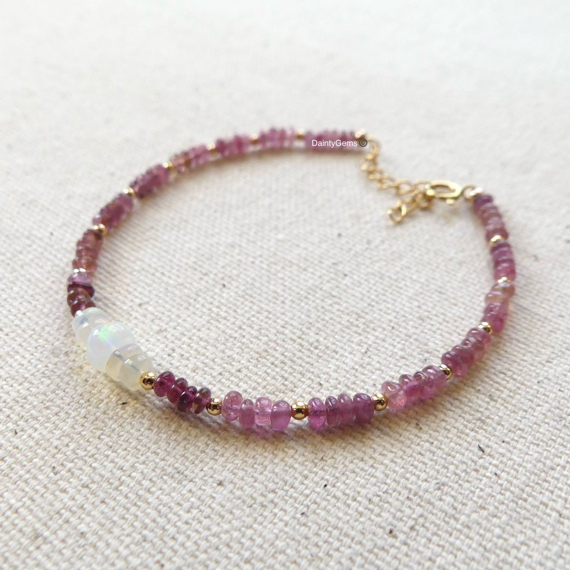 dainty pink tourmaline and opal bracelet delicate October birthstone jewelry meaningful gift unique handmade small business