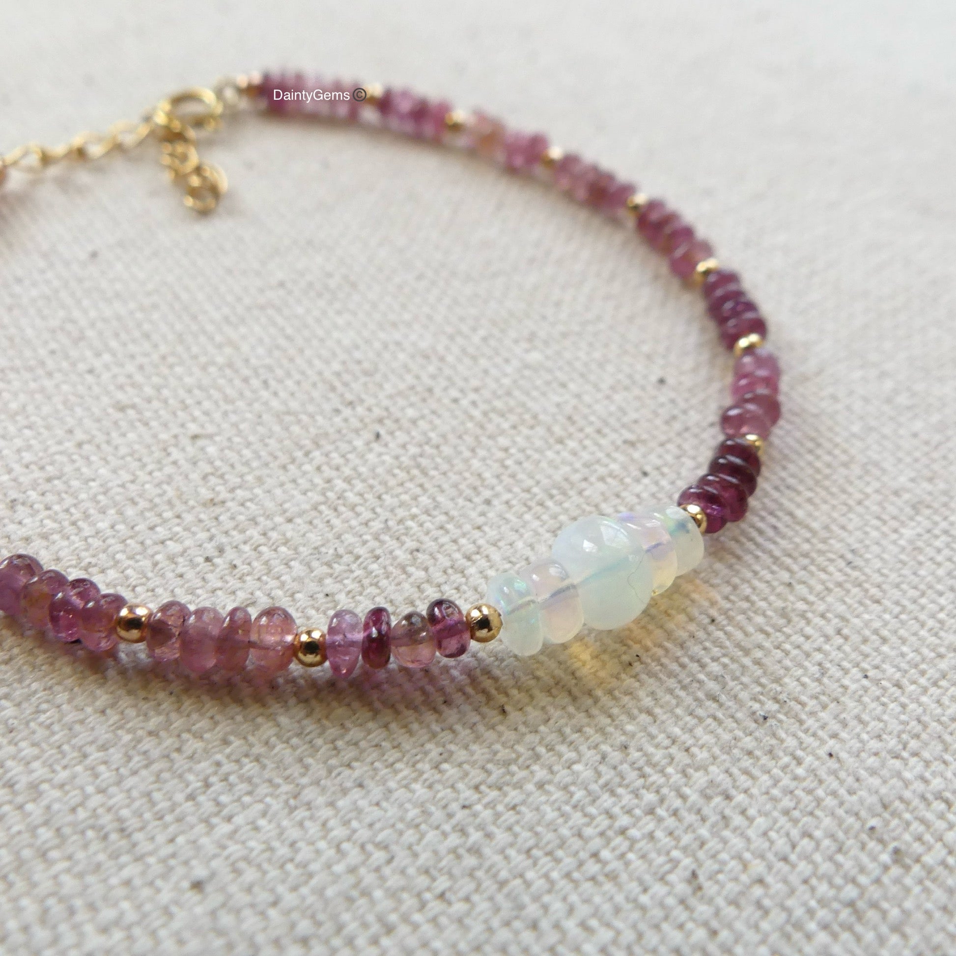 dainty pink tourmaline and opal bracelet delicate October birthstone jewelry meaningful gift unique handmade small business