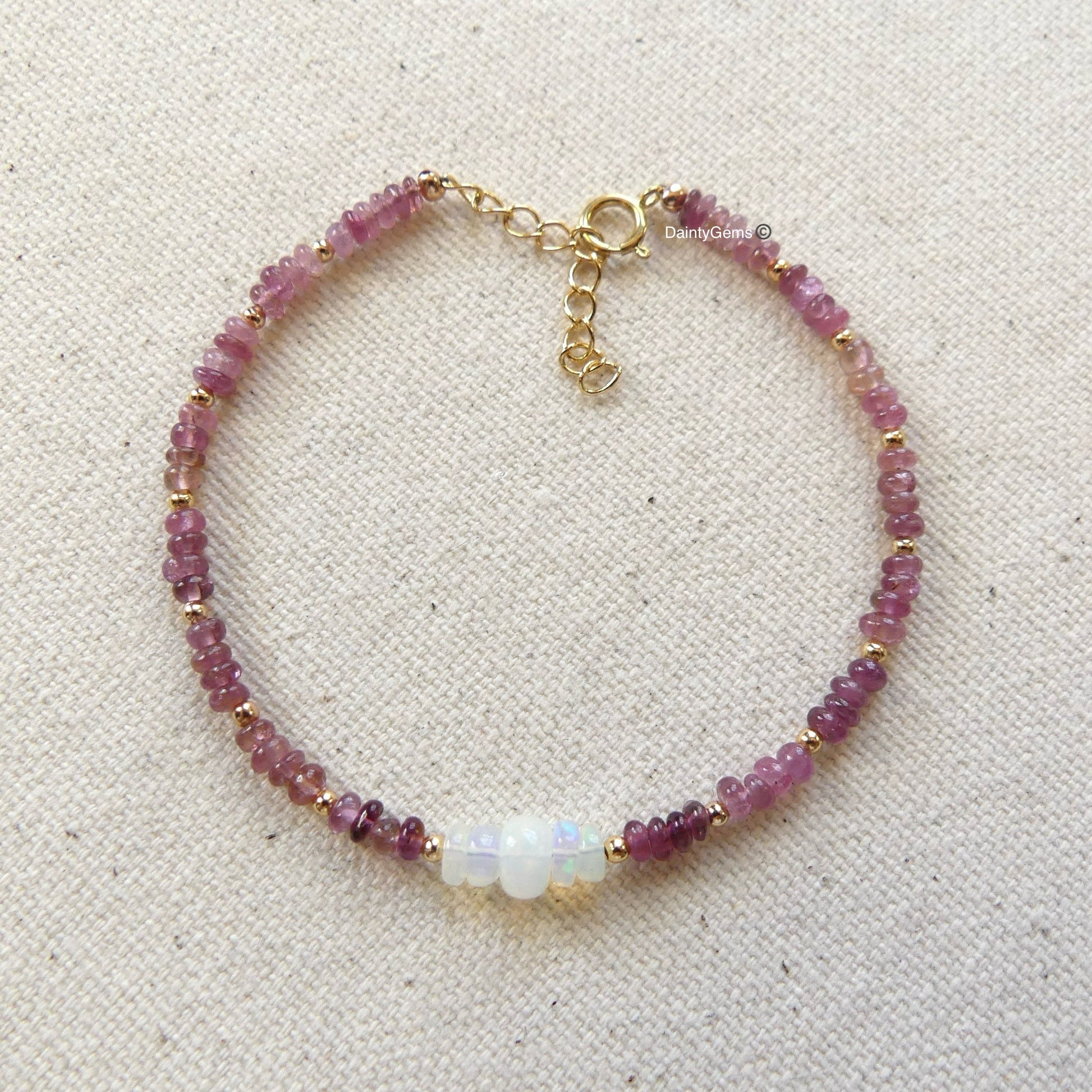 dainty pink tourmaline and opal bracelet delicate October birthstone jewelry meaningful gift unique handmade small business