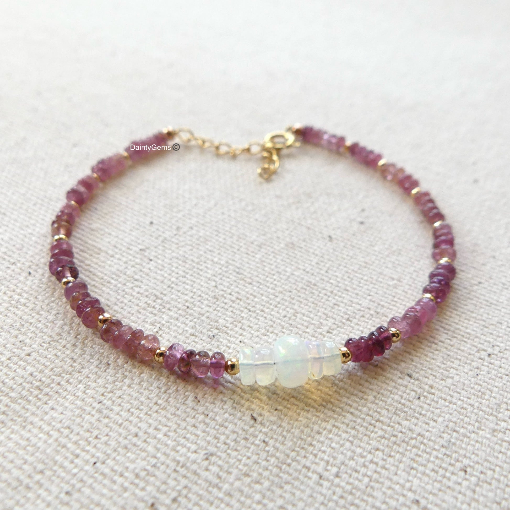 dainty pink tourmaline and opal bracelet delicate October birthstone jewelry meaningful gift unique handmade small business