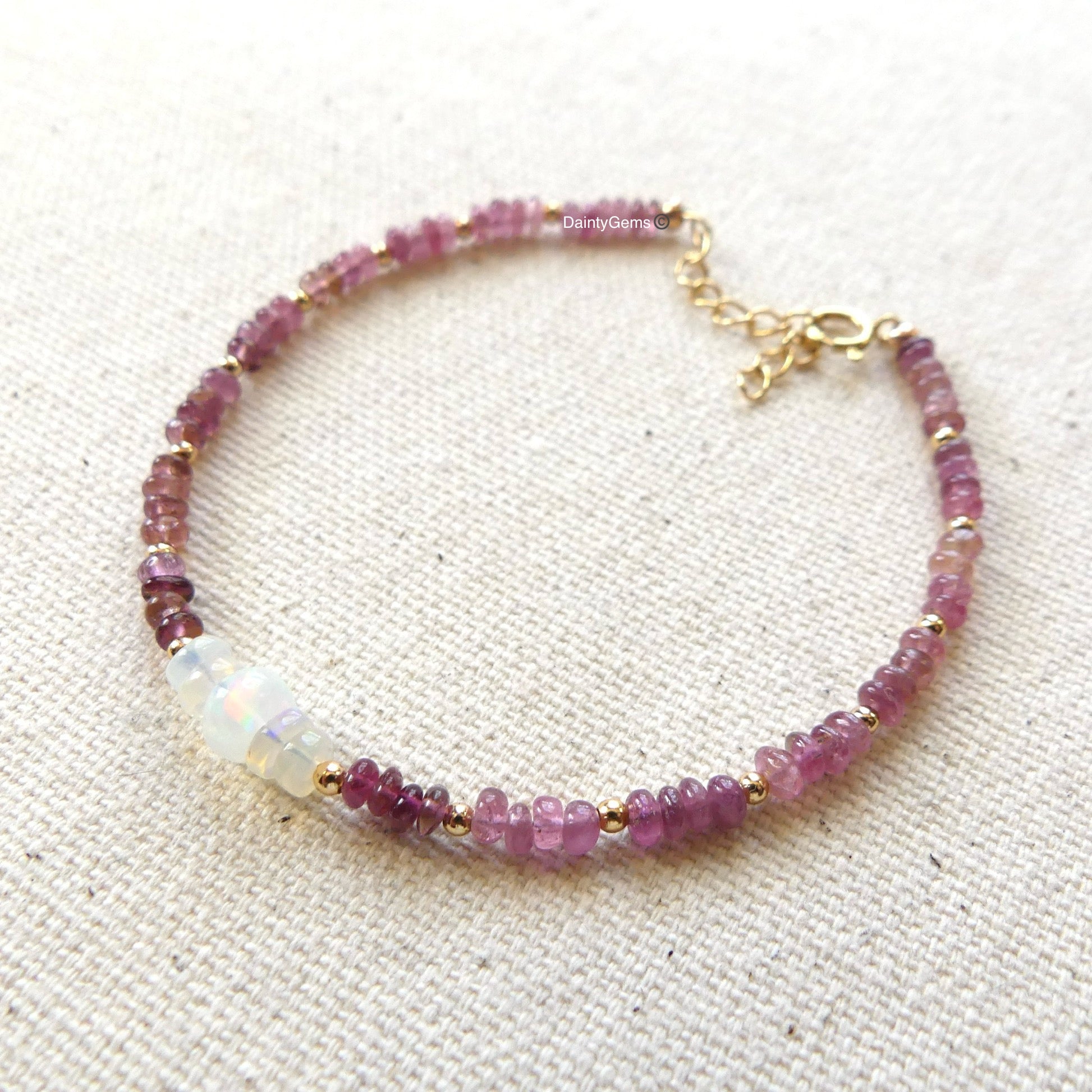 dainty pink tourmaline and opal bracelet delicate October birthstone jewelry meaningful gift unique handmade small business