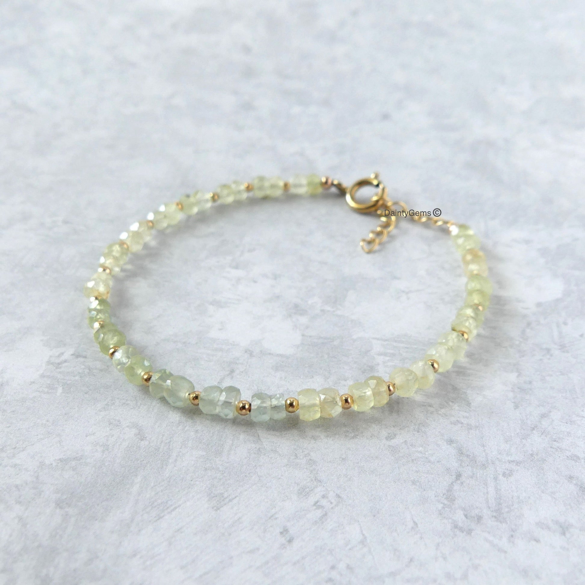 dainty yellow green prehnite bracelet ombre meaningful jewelry gift unique handcrafted