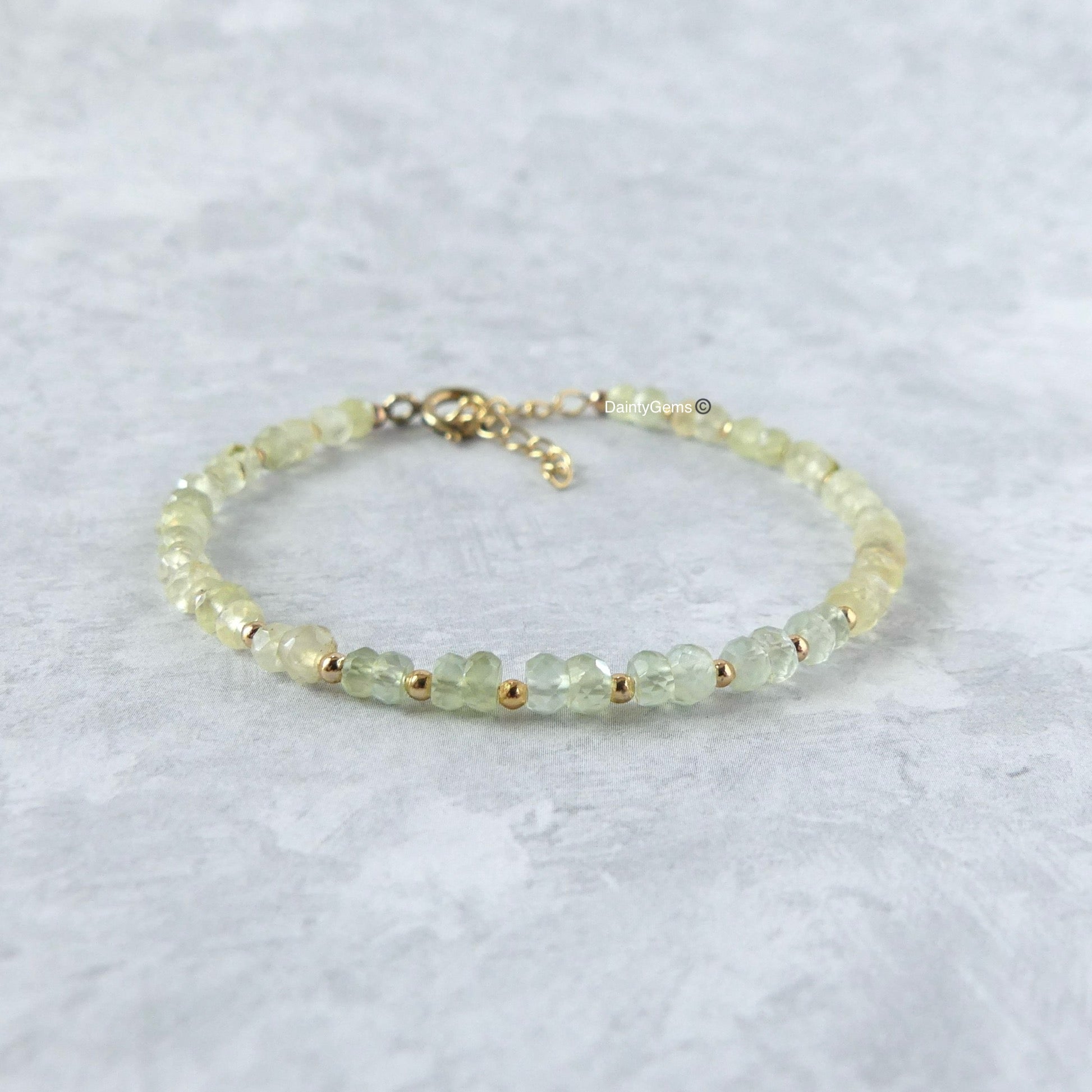 dainty yellow green prehnite bracelet ombre meaningful jewelry gift unique handcrafted