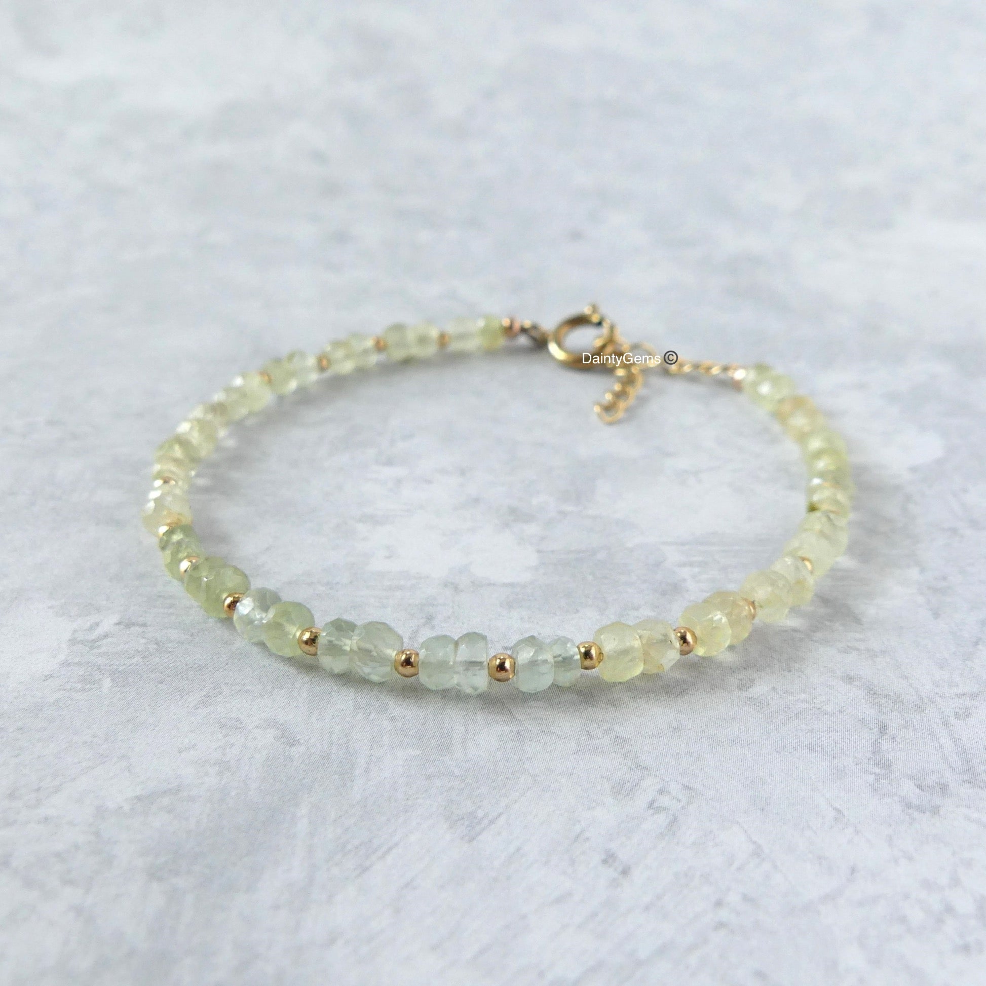 dainty yellow green prehnite bracelet ombre meaningful jewelry gift unique handcrafted