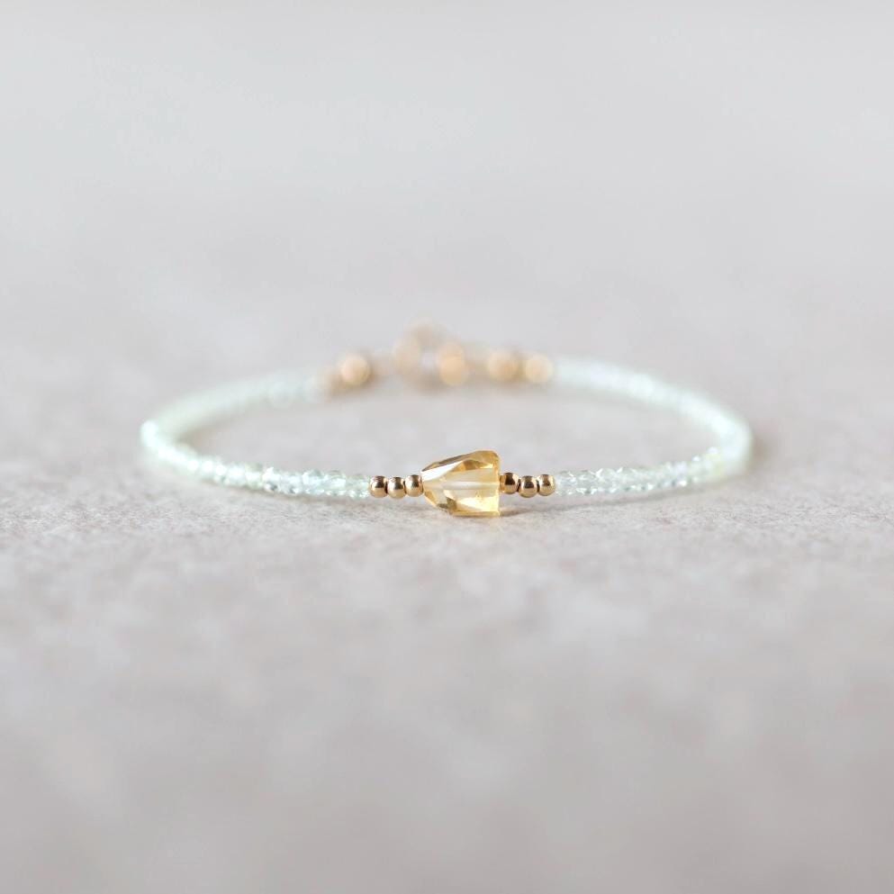 Tiny Prehnite Bracelet Dainty Citrine Gemstone Beaded Bracelet Green Healing Crystal Jewelry Minimalist Birthday Gift for Women Wife