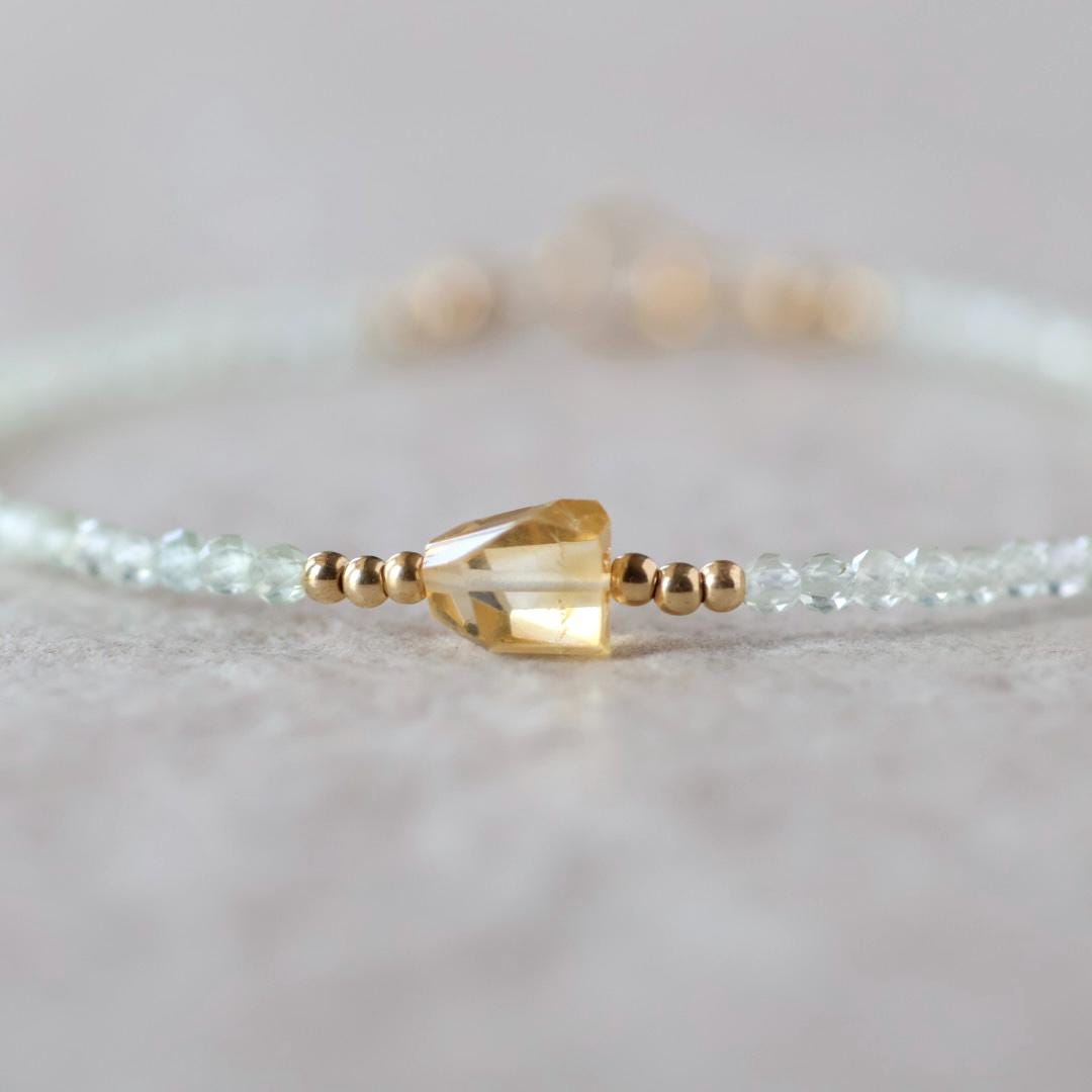 Tiny Prehnite Bracelet Dainty Citrine Gemstone Beaded Bracelet Green Healing Crystal Jewelry Minimalist Birthday Gift for Women Wife