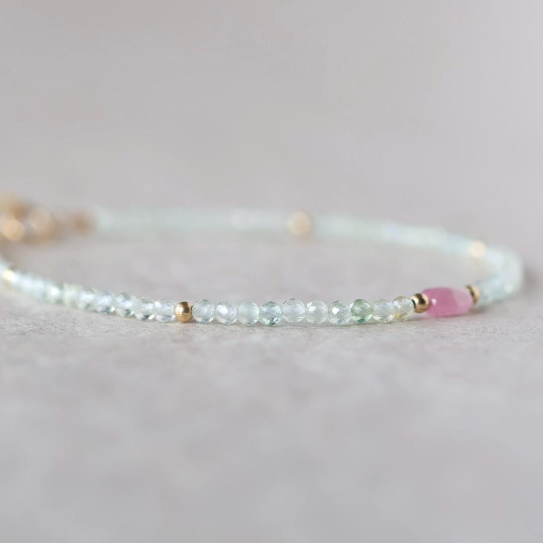 Tiny Prehnite Bracelet Dainty Pink Tourmaline Gemstone Beaded Bracelet Crystal Jewelry Minimalist October Birthstone Birthday Gift for Women