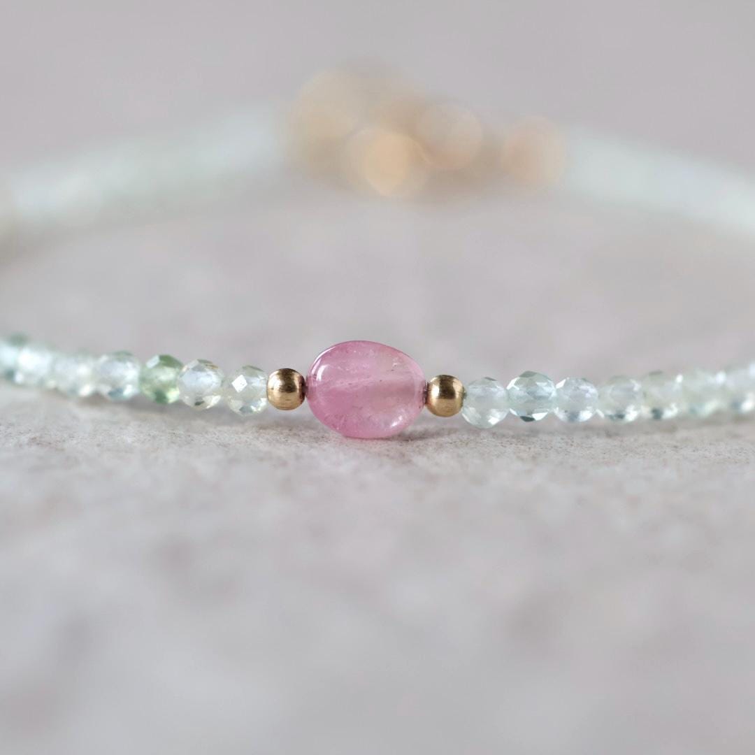 Tiny Prehnite Bracelet Dainty Pink Tourmaline Gemstone Beaded Bracelet Crystal Jewelry Minimalist October Birthstone Birthday Gift for Women