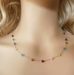 Dainty Rainbow Silk Necklace Multi Gemstone Knotted Silk Necklace Multi Color Beaded Choker Layering Necklace Gift for Women Bridesmaids