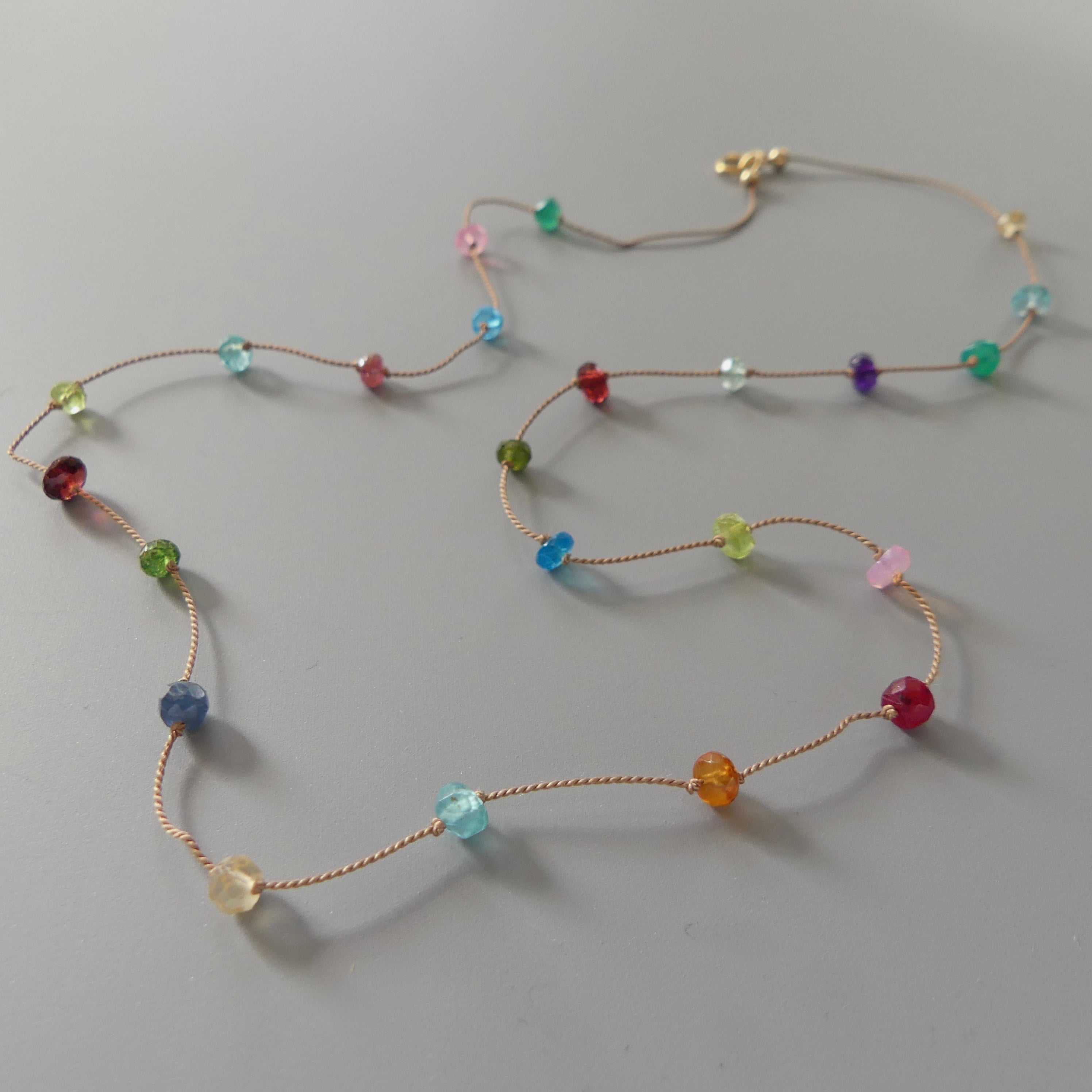 Dainty Rainbow Silk Necklace Multi Gemstone Knotted Silk Necklace Multi Color Beaded Choker Layering Necklace Gift for Women Bridesmaids