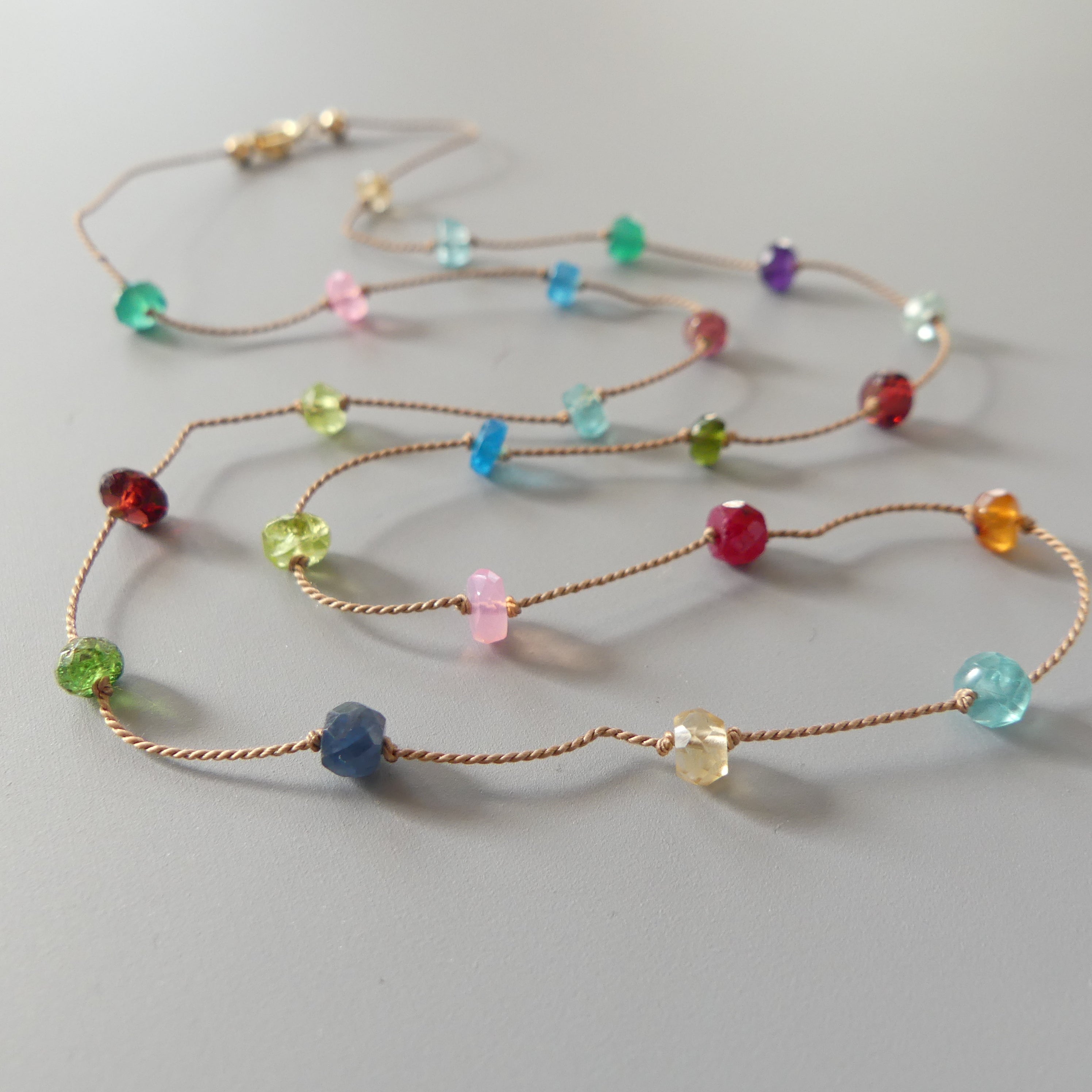 Dainty Rainbow Silk Necklace Multi Gemstone Knotted Silk Necklace Multi Color Beaded Choker Layering Necklace Gift for Women Bridesmaids
