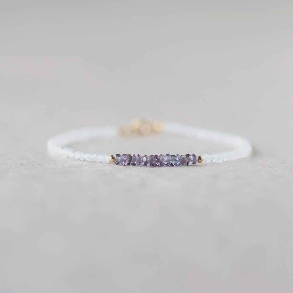 Tiny Alexandrite Bracelet Dainty Moonstone Gemstone Beaded Jewelry Minimalist Stacking Bracelet Skinny June Birthstone Gift Bridesmaid Mom