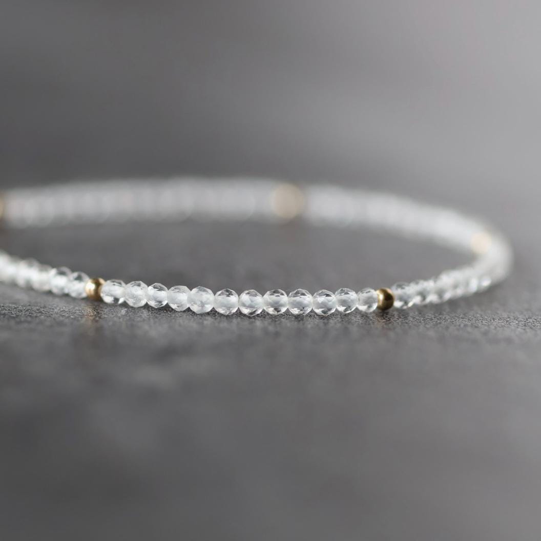 Tiny Rock Quartz Bracelet Dainty Clear Quartz Gemstone Beaded Bracelet Sparkly Crystal Jewelry Minimalist April Birthstone Birthday Gift