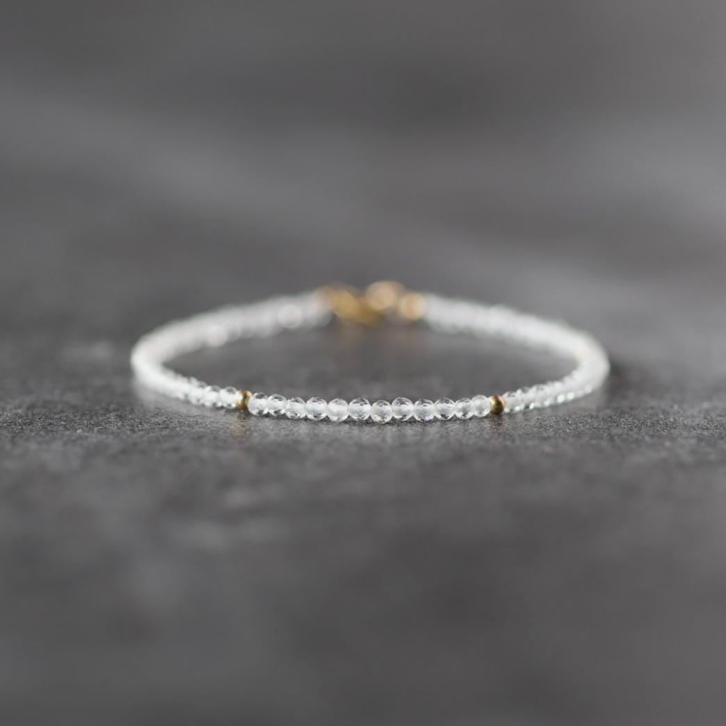 Tiny Rock Quartz Bracelet Dainty Clear Quartz Gemstone Beaded Bracelet Sparkly Crystal Jewelry Minimalist April Birthstone Birthday Gift