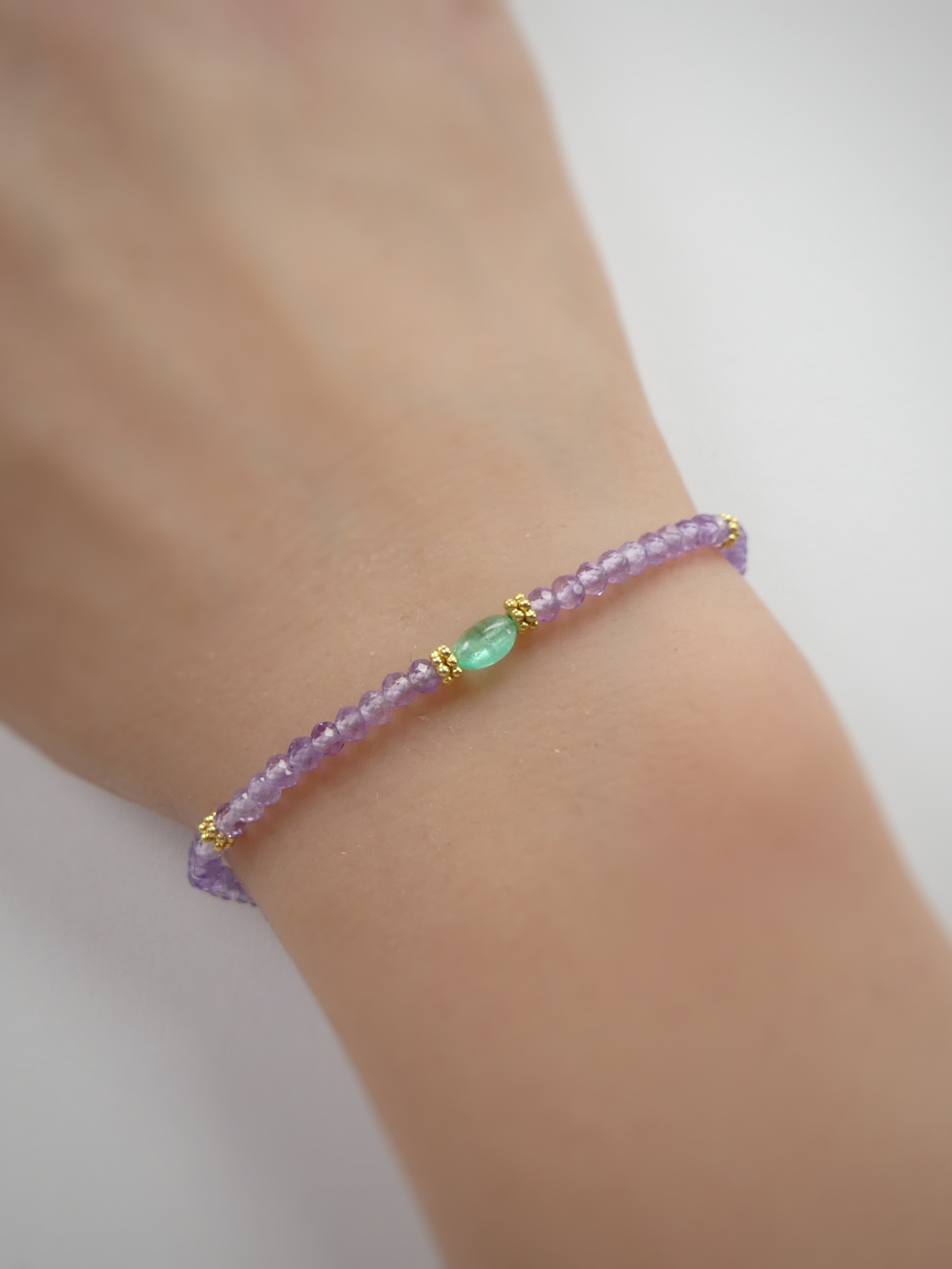 dainty Rose de France beaded dainty bracelet with Columbian emerald accent February May birthstone handmade jewelry gift for women skinny stacking bracelet