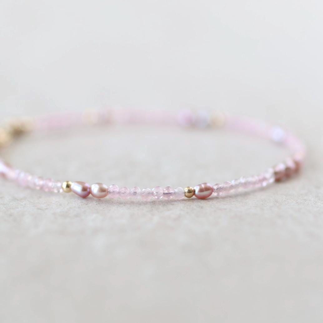 Dainty Rose Quartz and Pink Pearls Bracelet