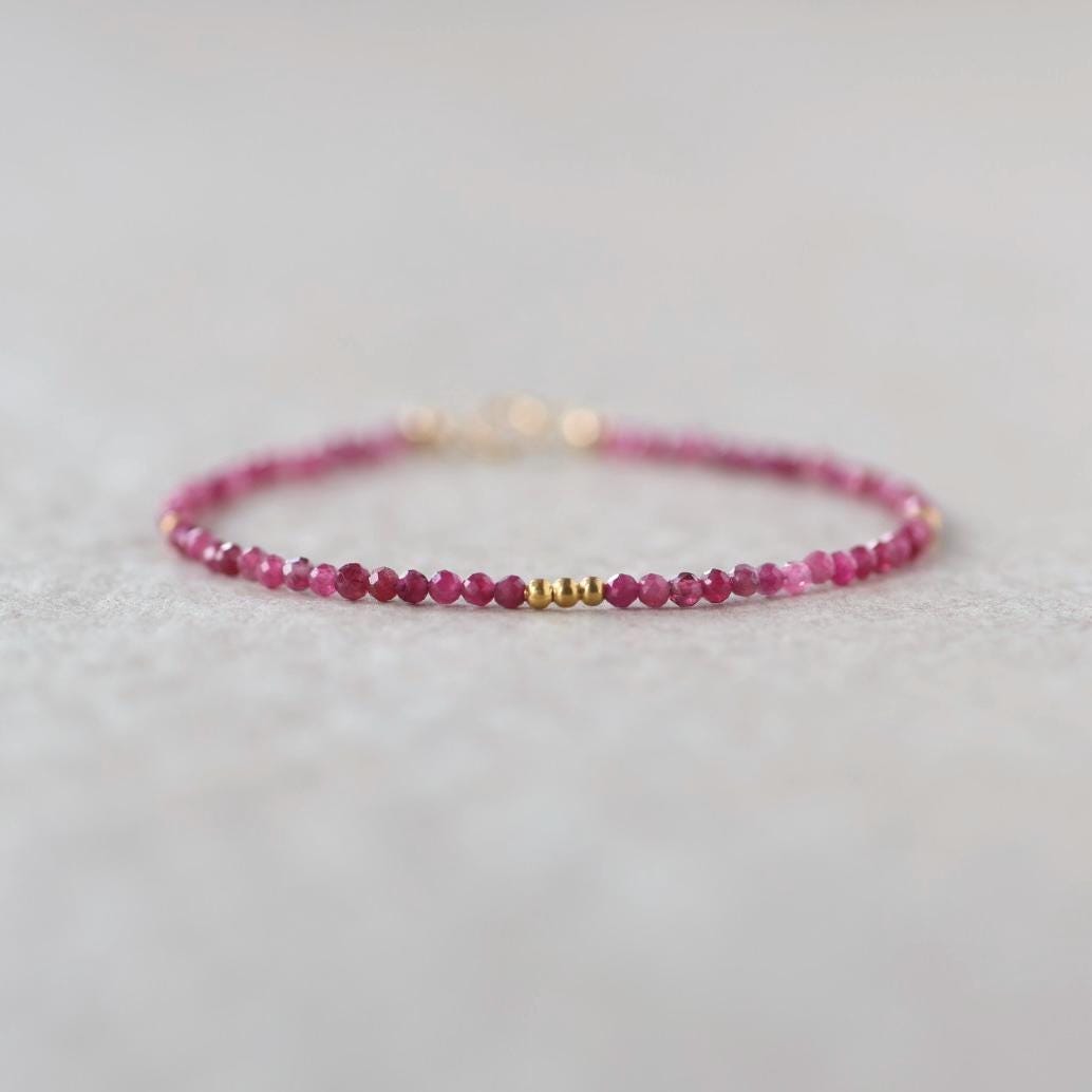 Tiny Rubellite Bracelet Dainty Pink Tourmaline Gemstone Beaded Bracelet October Birthstone Crystal Jewelry Minimalist Birthday Gift Mom Wife