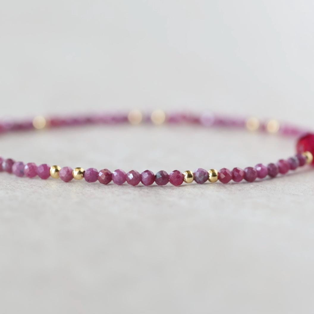 Tiny Ruby Bracelet Dainty Gemstone Beaded Bracelet Pink Crystal Jewelry Minimalist July Birthstone Birthday Gift for Women Mom Wife Daughter