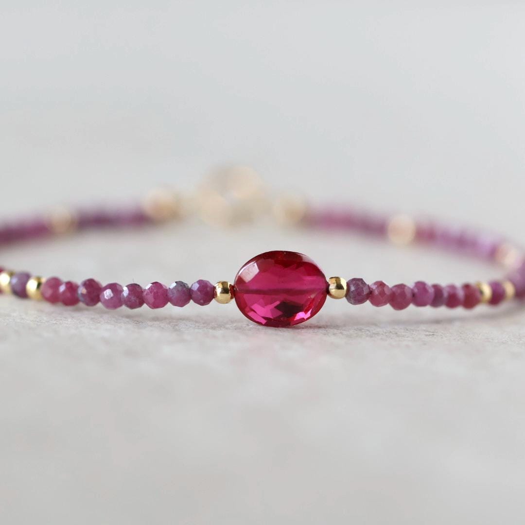 Tiny Ruby Bracelet Dainty Gemstone Beaded Bracelet Pink Crystal Jewelry Minimalist July Birthstone Birthday Gift for Women Mom Wife Daughter